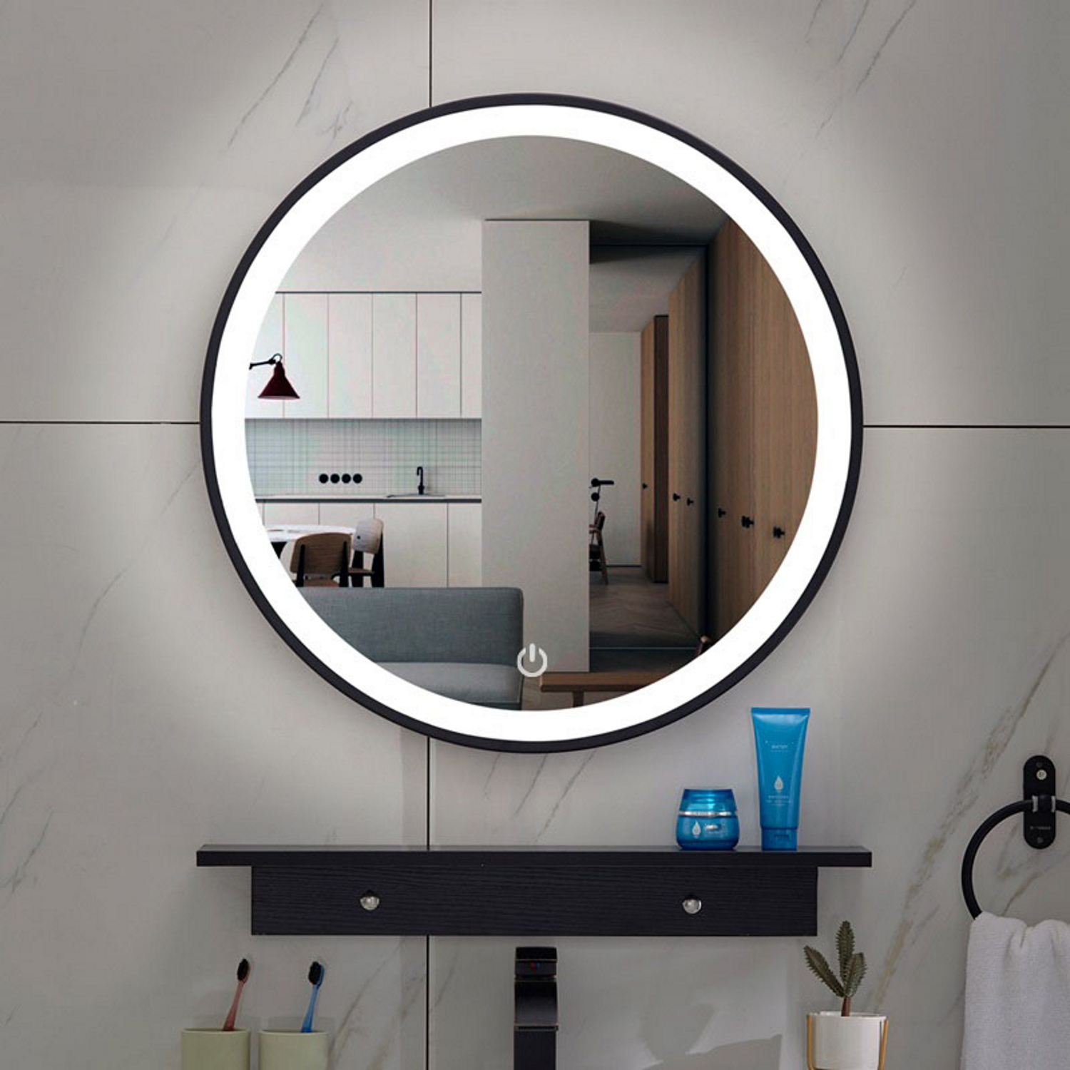 Wiesbaden OUTLET Spiegel  Lista Nera met LED Verlichting Dimbaar Rond 80 cm Mat Zwart