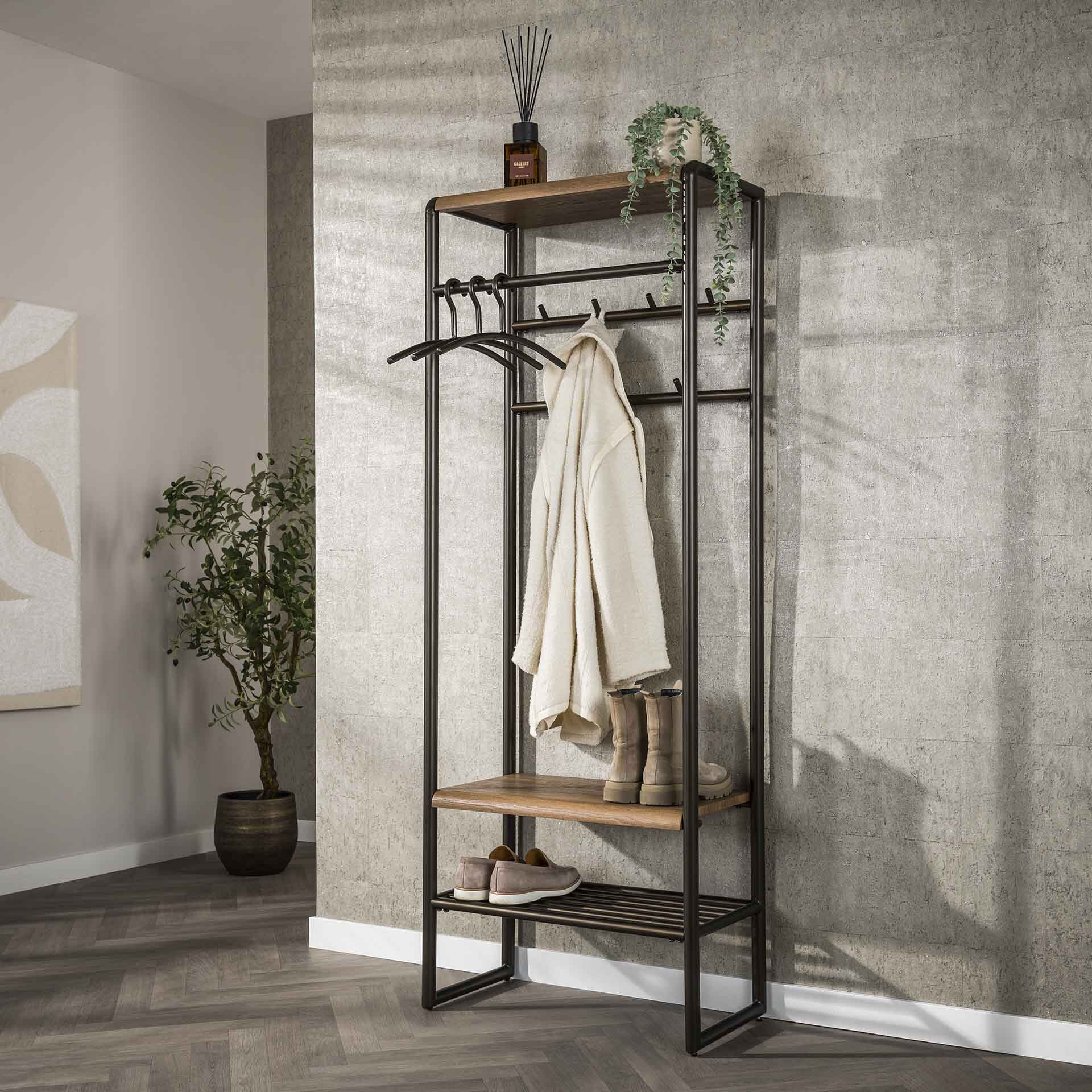 LifestyleFurn Staande Kapstok Karalynn Met 7 haken en roede, Eikenlook en staal - Drift brown