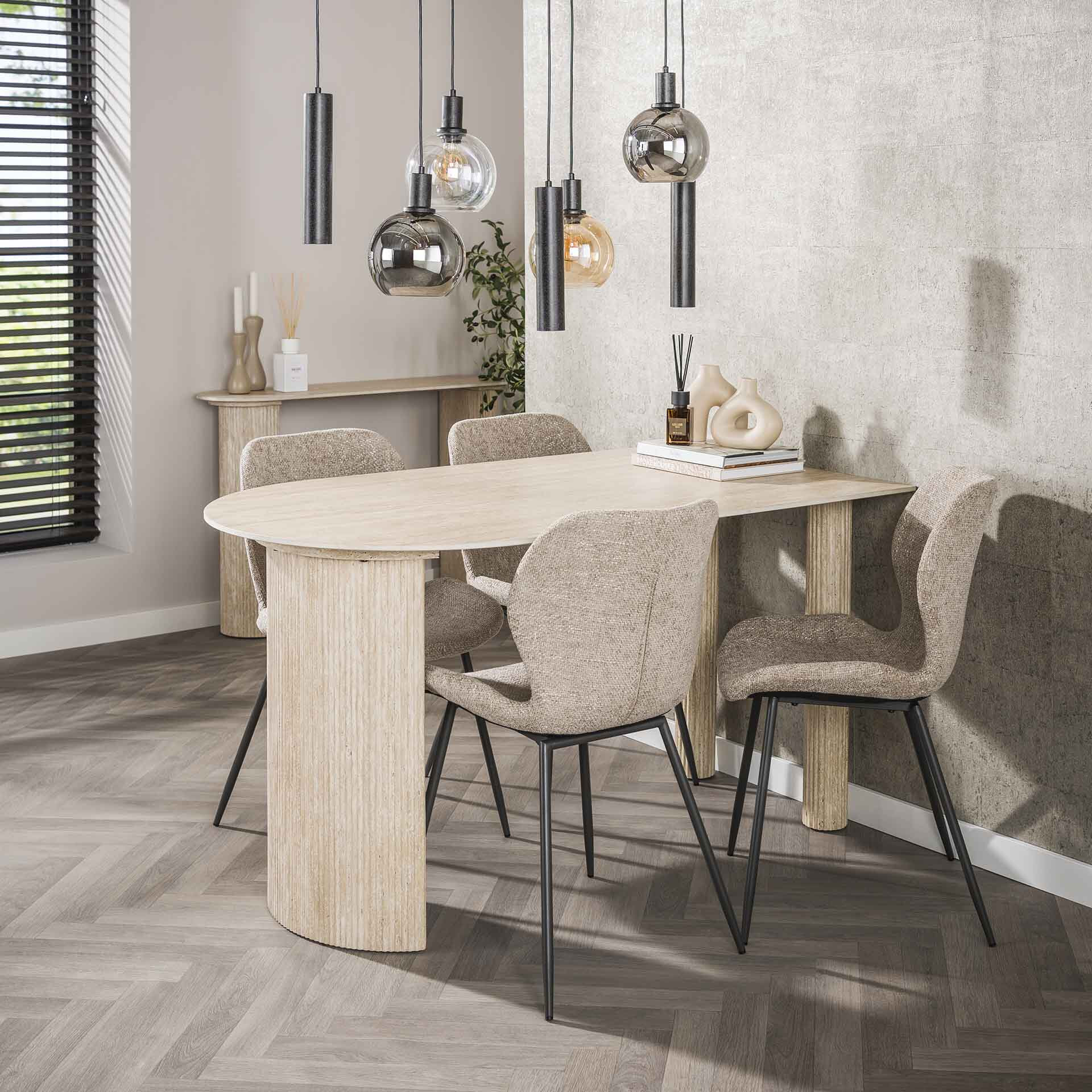 LifestyleFurn Halfronde Eettafel Ciarra Travertinlook, 140 x 80cm - Keramiek travertine