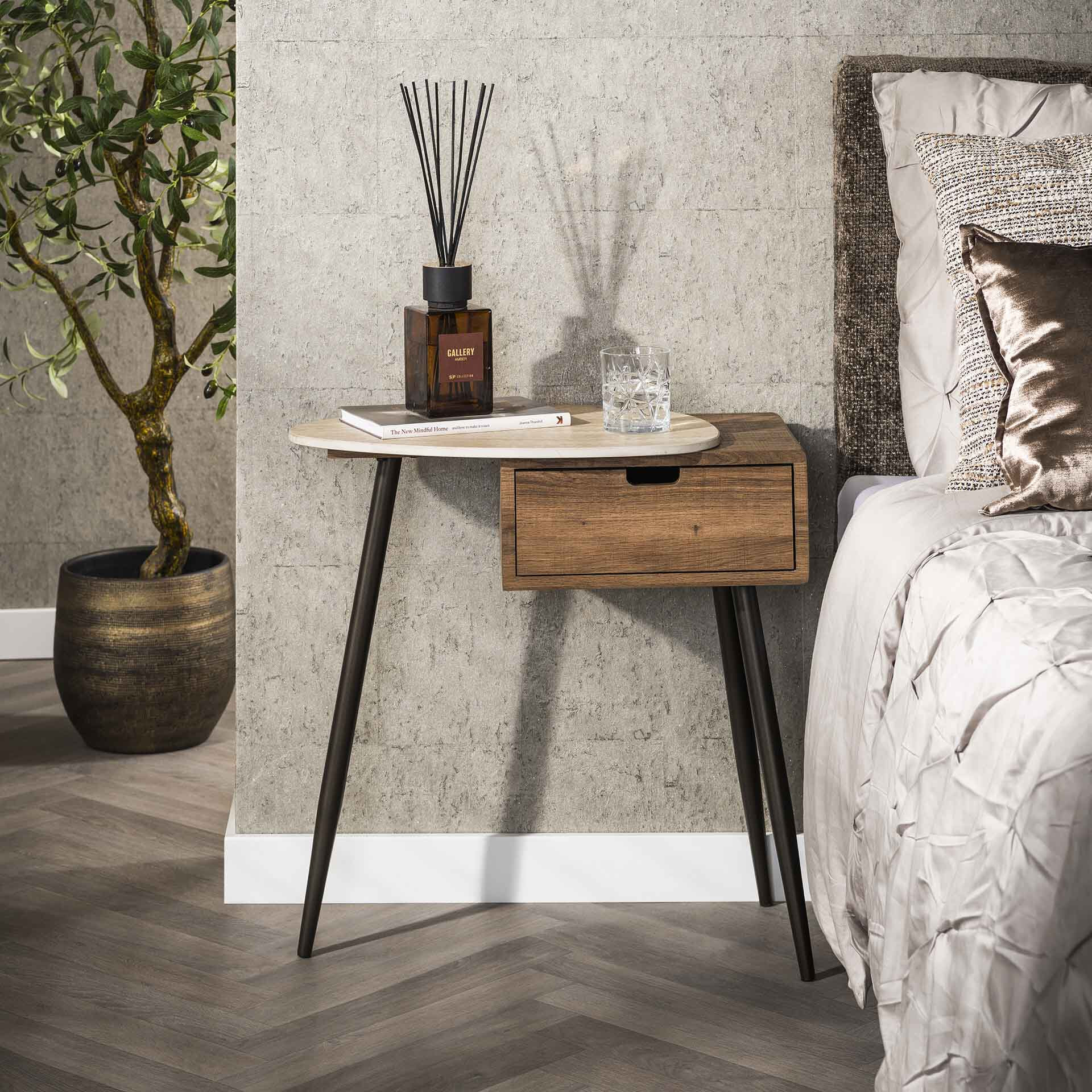 LifestyleFurn Nachtkastje Jaems Links, Travertin- en eikenlook - Keramiek travertine