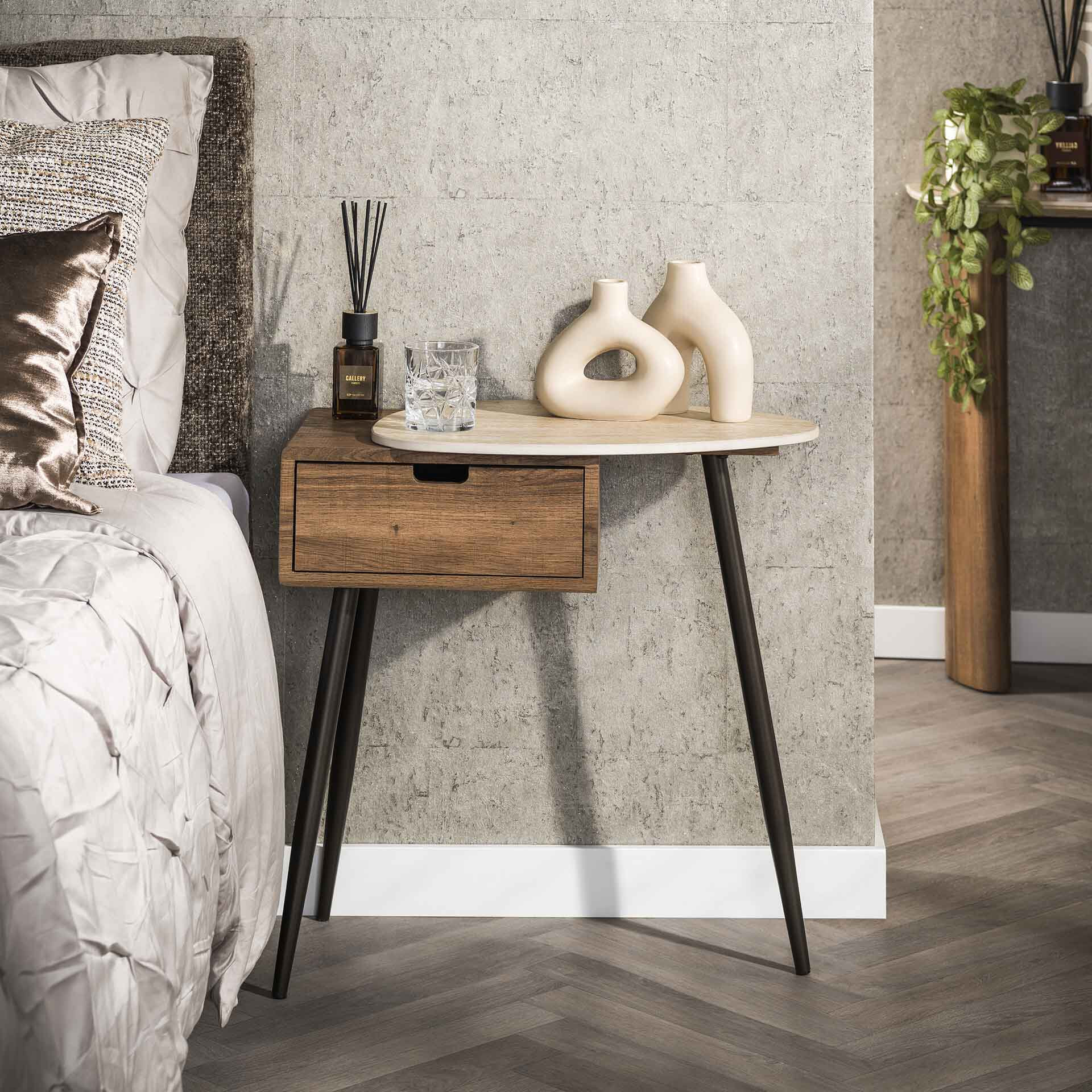 LifestyleFurn Nachtkastje Jaems Rechts, Travertin- en eikenlook - Keramiek travertine