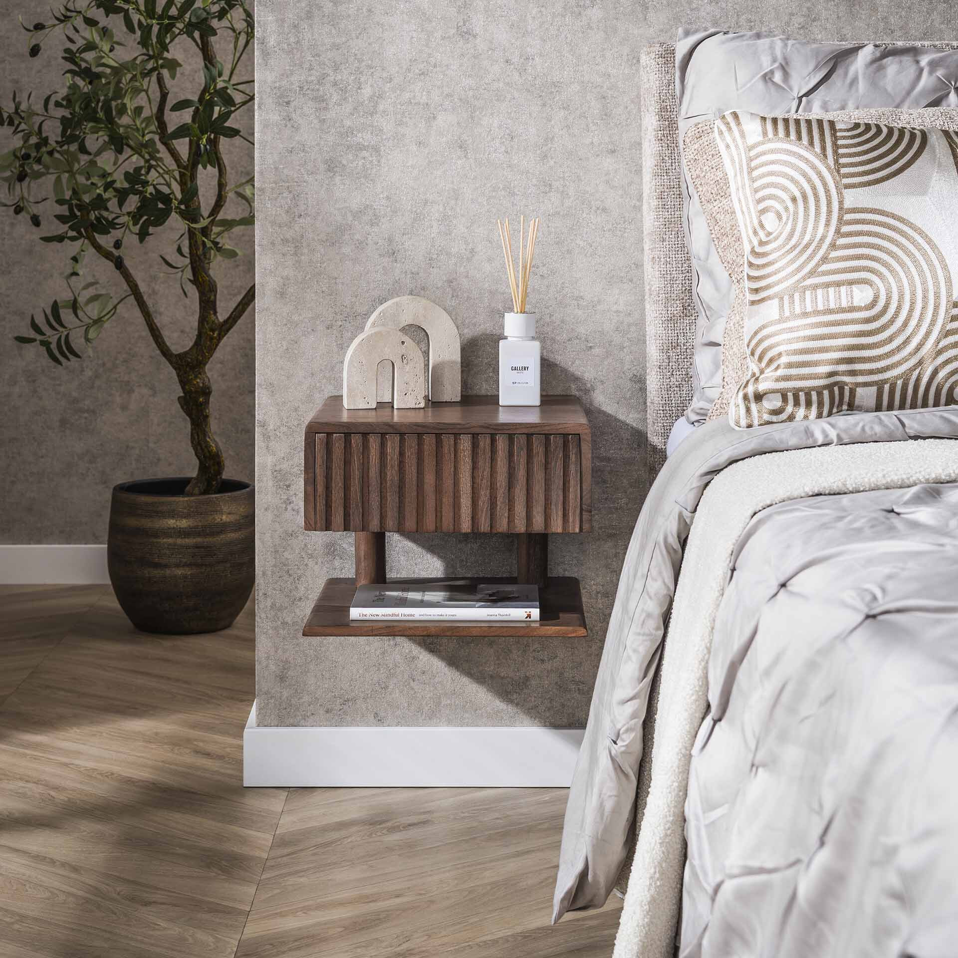 LifestyleFurn Zwevend Nachtkastje Alania Met 1 lade en legplank, Acaciahout - Massief acacia bruin