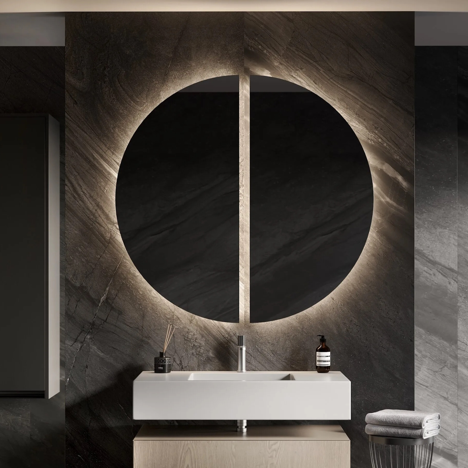 Martens & Meijer Designspiegel  Mars 2 Halve Cirkels 80Hx40B cm Incl. Indirecte Verlichting Rondom, Direct Geschakeld