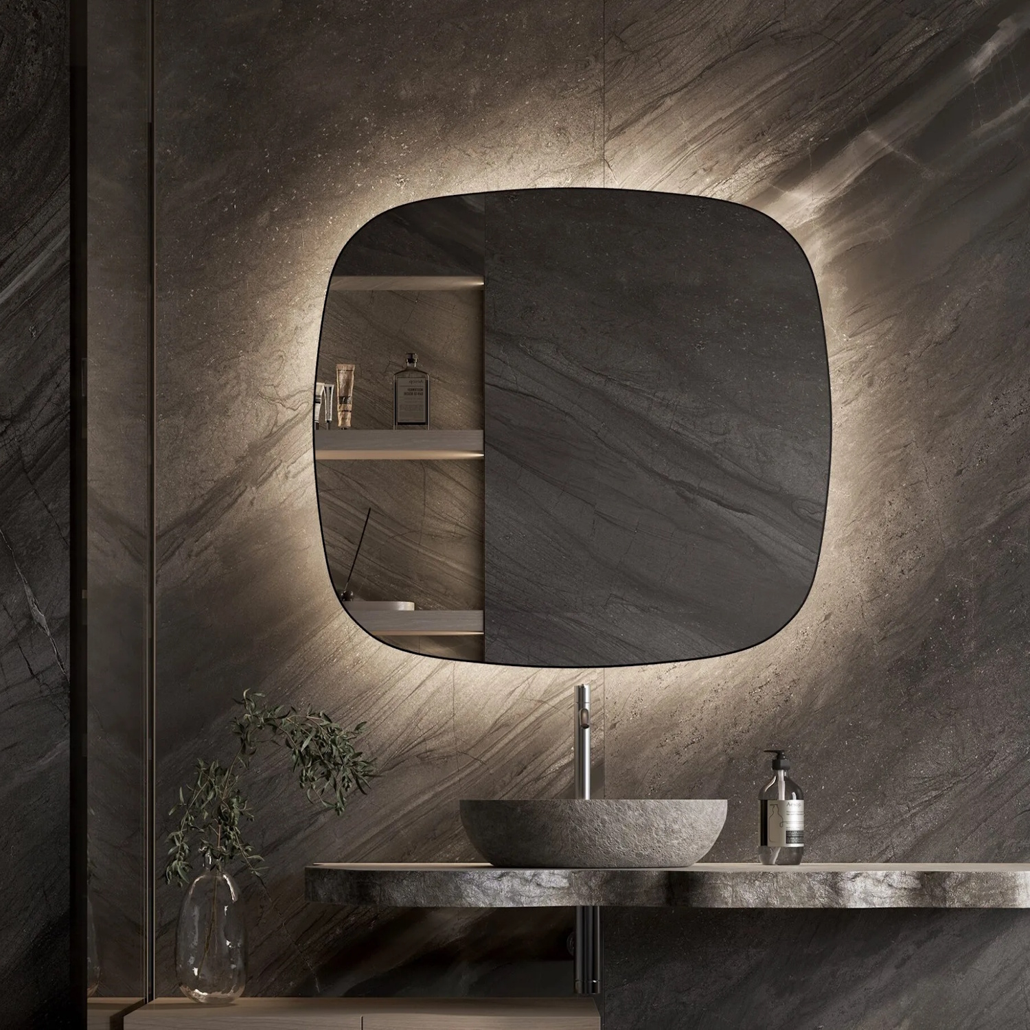 Martens & Meijer Spiegel  Lima Organisch 60x60 cm met Indirecte Verlichting Rondom Incl. Verwarming & Dimbare Sensor
