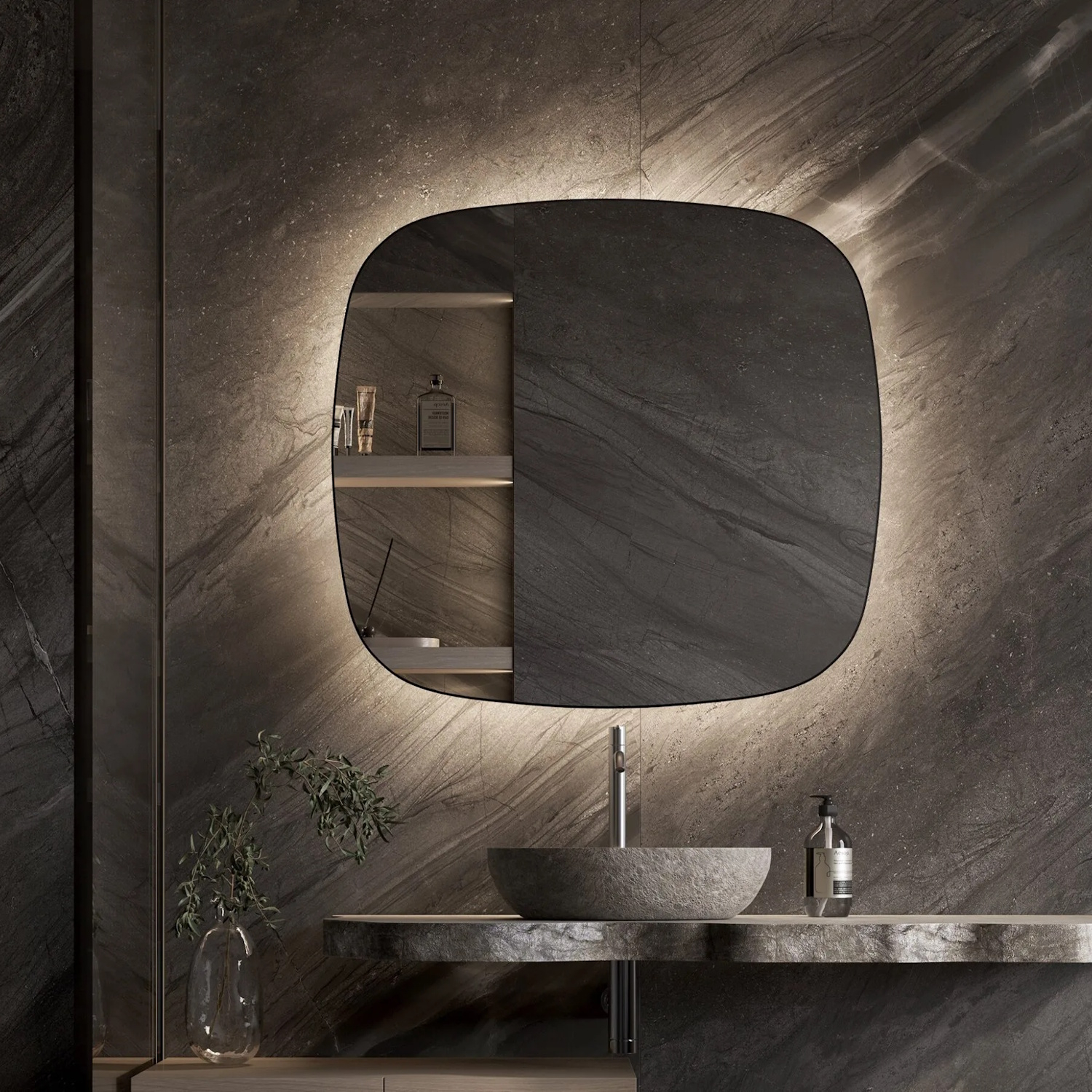 Martens & Meijer Spiegel  Lima Organisch 100x100 cm met Indirecte Verlichting Rondom Incl. Verwarming & Dimbare Sensor