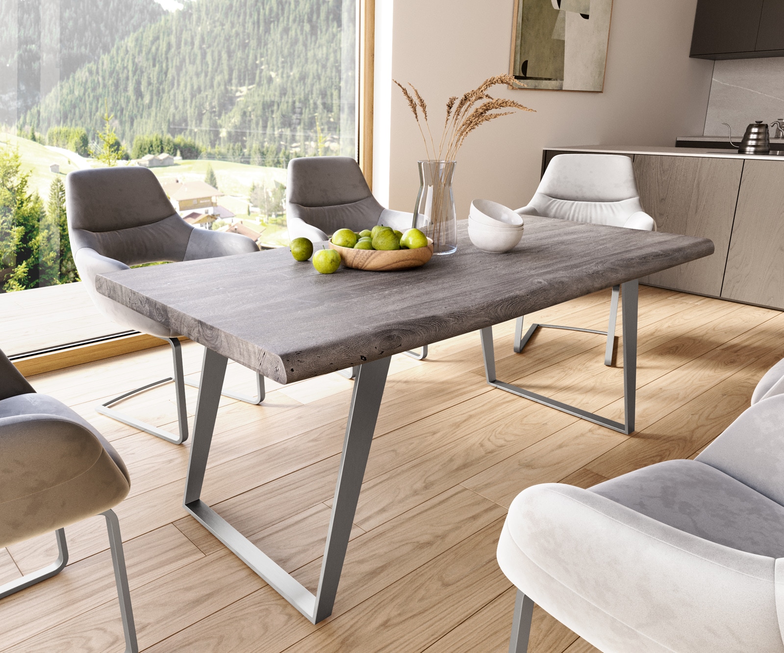 DELIFE Esstisch Edge 180x90 XL Akazie Platin Metall Schräg Live-Edge