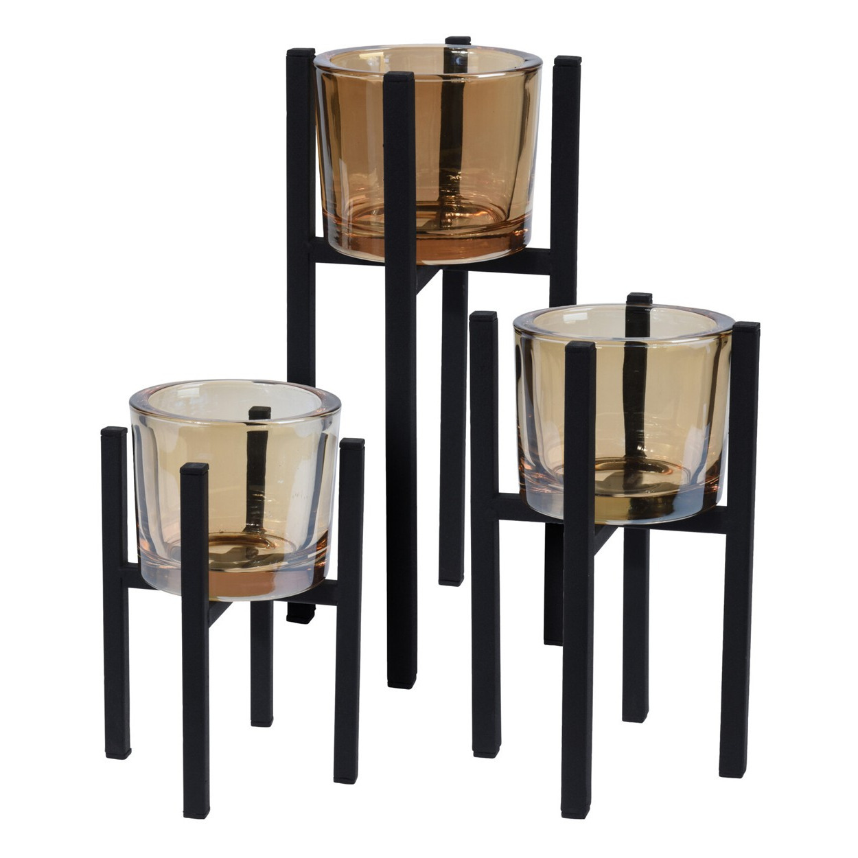Bellatio Design Theelichthouders - 3x stuks - zwart - metaal/glas - Waxinelichthouders -