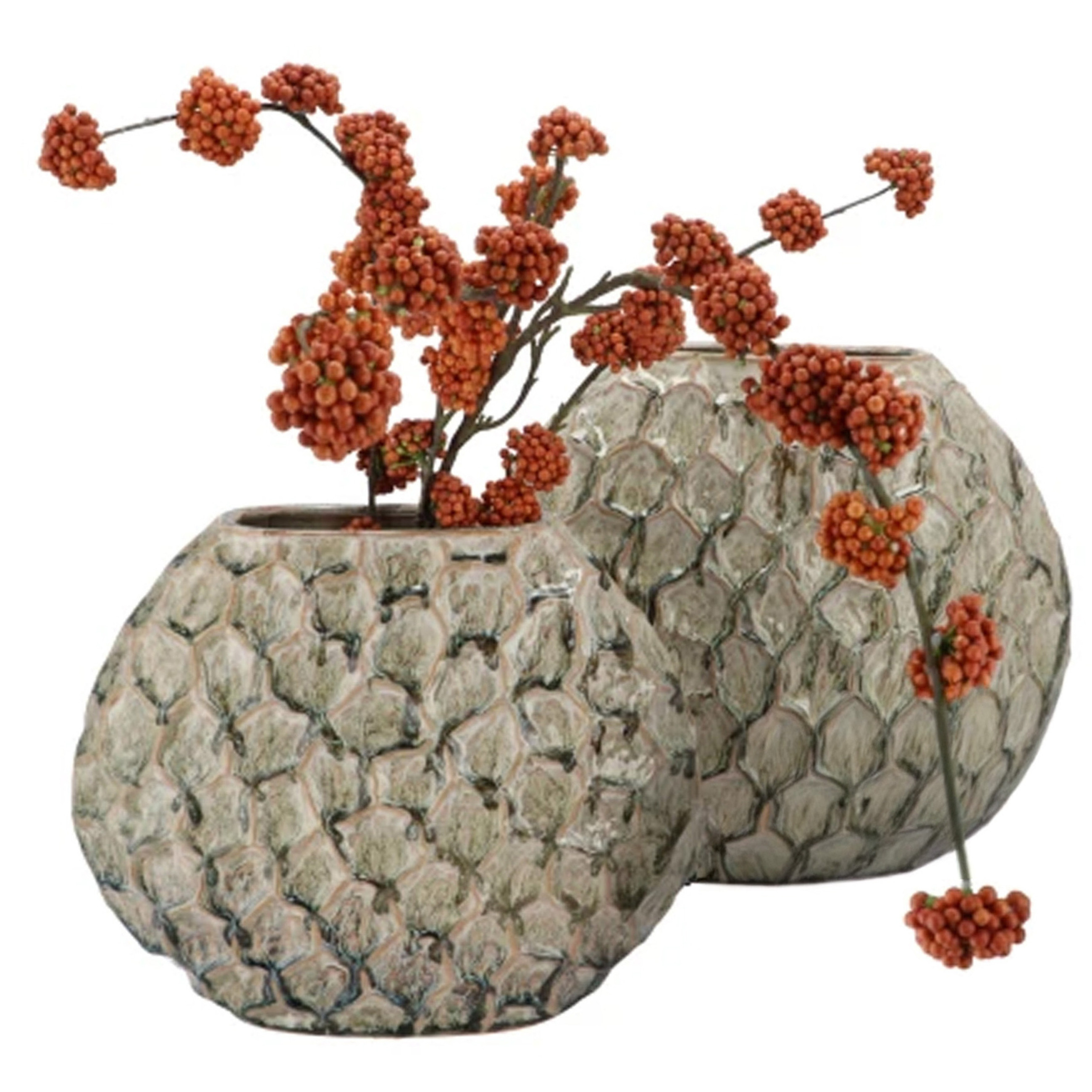 DK Design Bloemenvaas Inga Jada - 2x - plat model - groen - 24 x 10 cm - moderne vaas - schub motief -