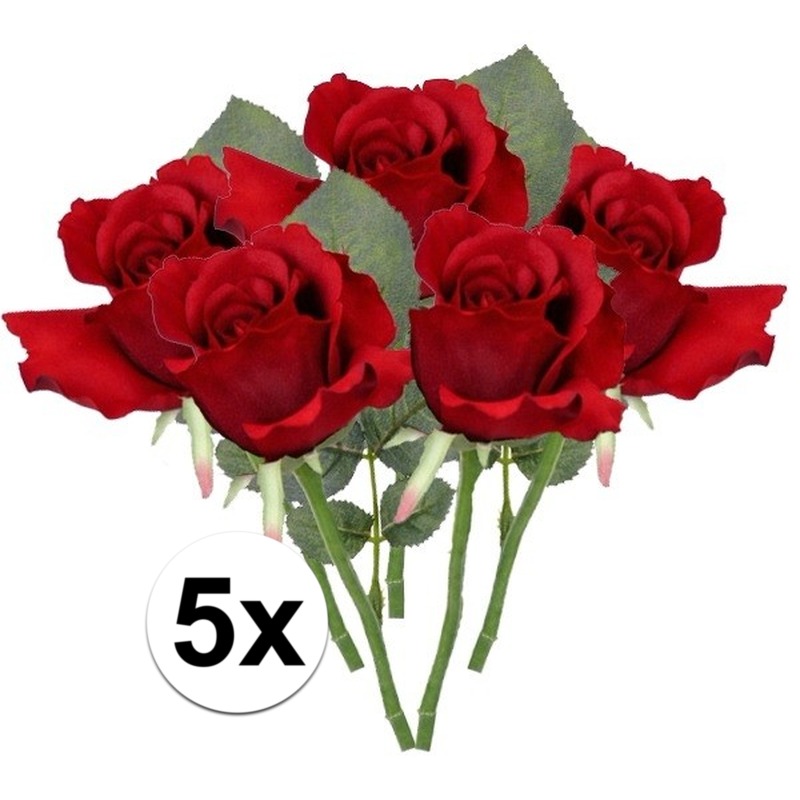 Bellatio flowers & plants Kunstbloem Roos Alice - 5x - 30 cm - rood - kunststof - luxe - kunstbloemen - decoratie -