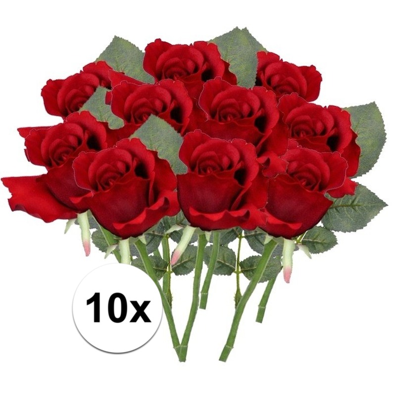 Bellatio flowers & plants Kunstbloem Roos Alice - 10x - 30 cm - rood - kunststof - luxe - kunstbloemen - decoratie -