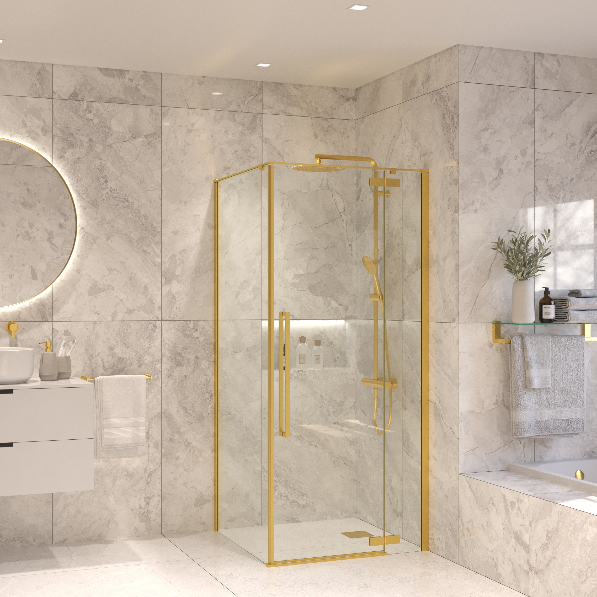 Sanivo Douchecabine  Tira Met Vast Paneel Helder Glas Met Montagesets Geborsteld Messing Goud