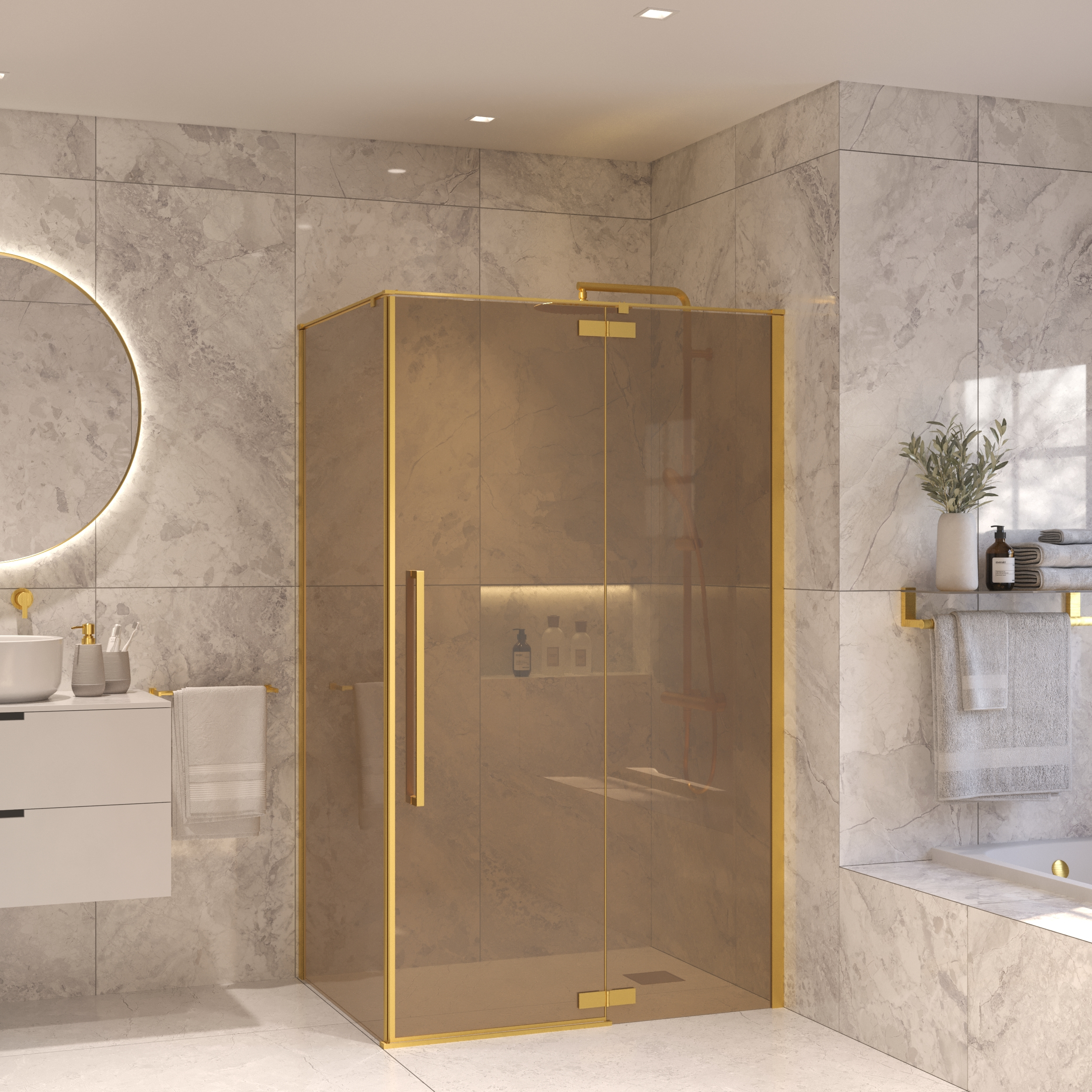Sanivo Douchecabine  Tira Met Vast Paneel Champagne Glas Met Montagesets Geborsteld Messing Goud