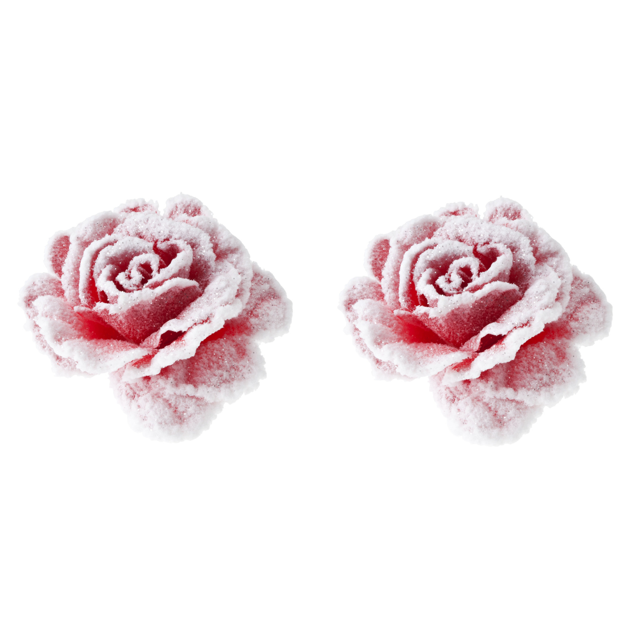 Cosy & Trendy decoratie bloemen - 2x stuks - roos - rozen - roze met sneeuw - op clip - 15 cm - kers -