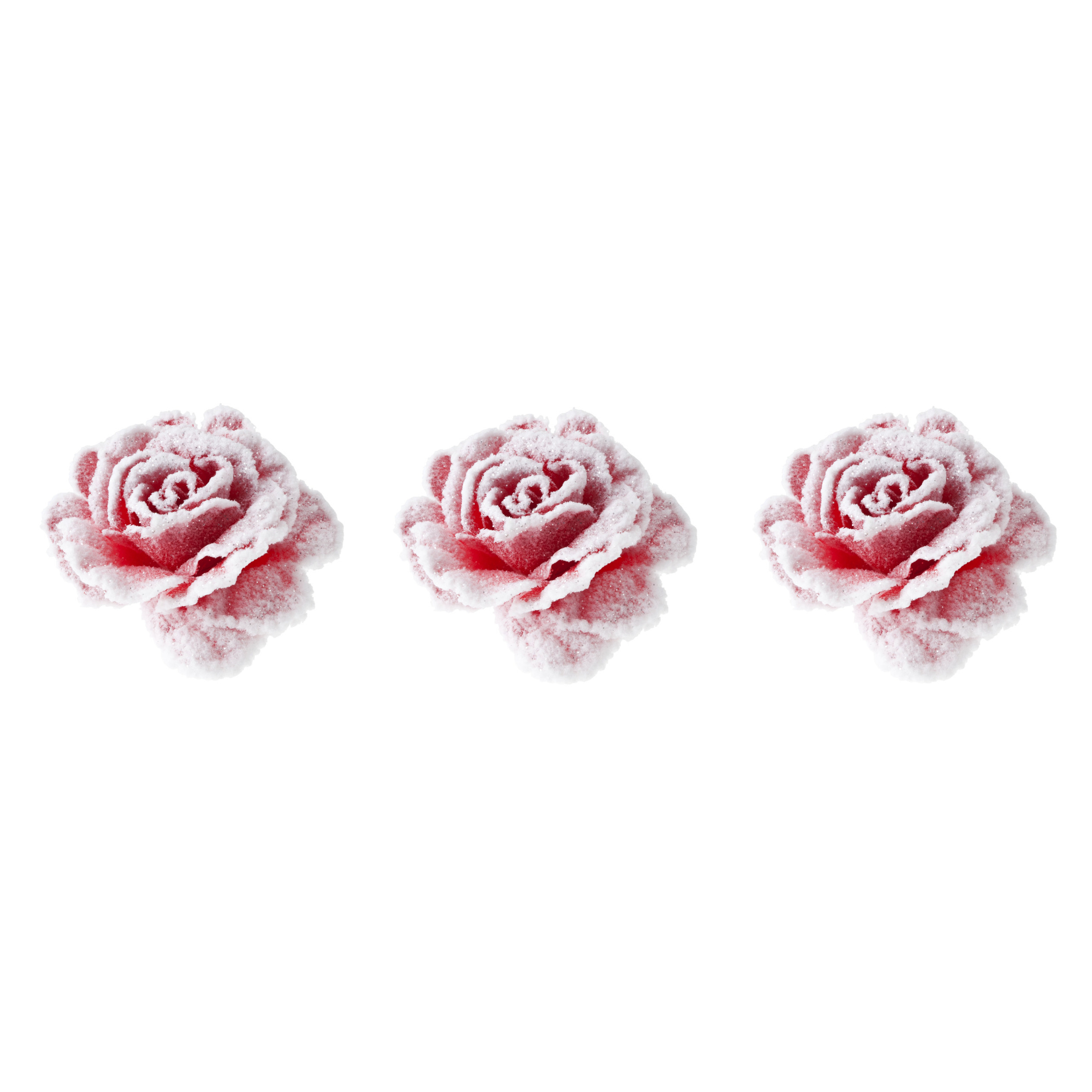 Cosy & Trendy decoratie bloemen - 6x stuks - roos - rozen - roze met sneeuw - op clip - 15 cm - kers -