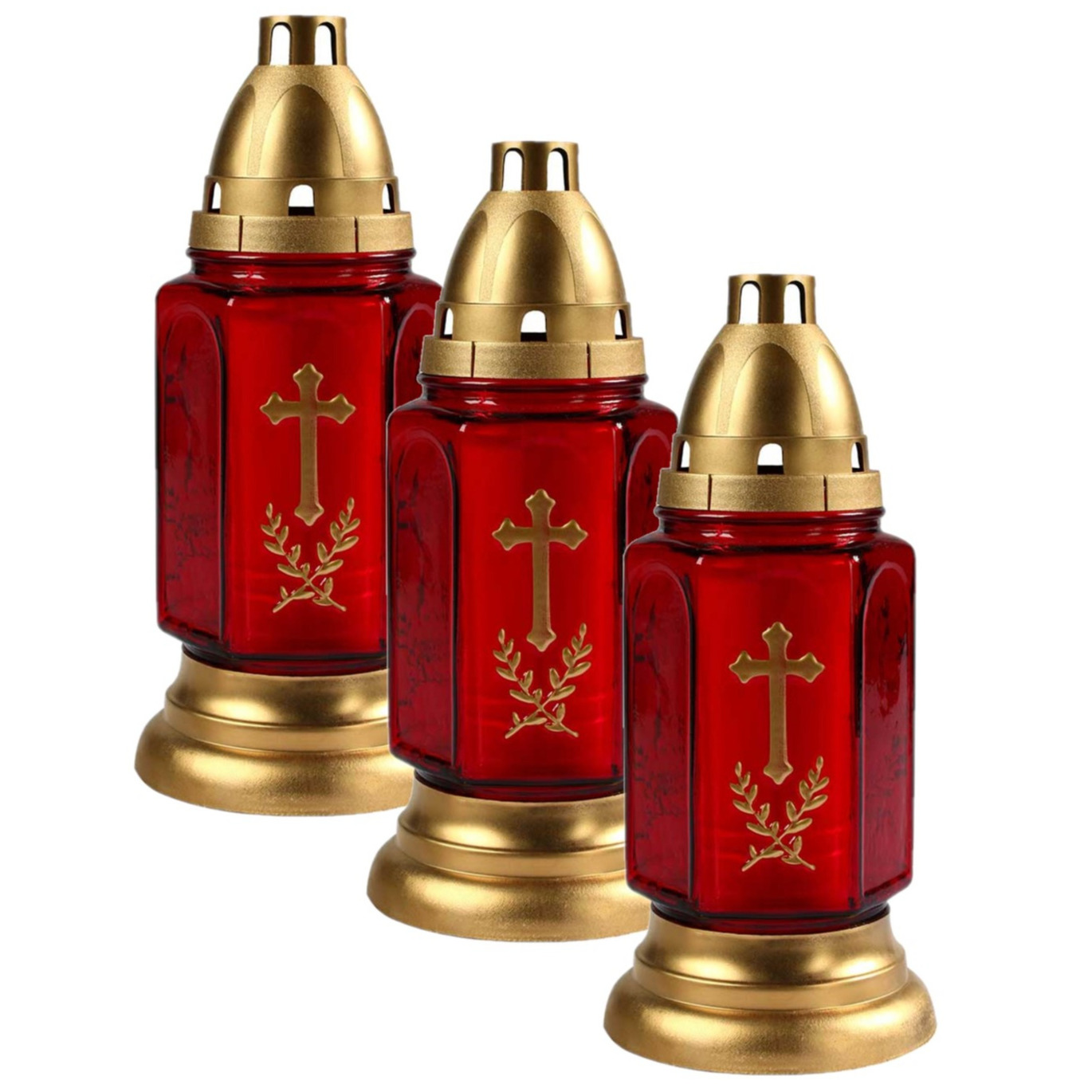 Cosy & Trendy 4x stuks grafkaarsen/gedenklichten met deksel rood/goud 11 x 24 cm 3 dagen brandtijd -