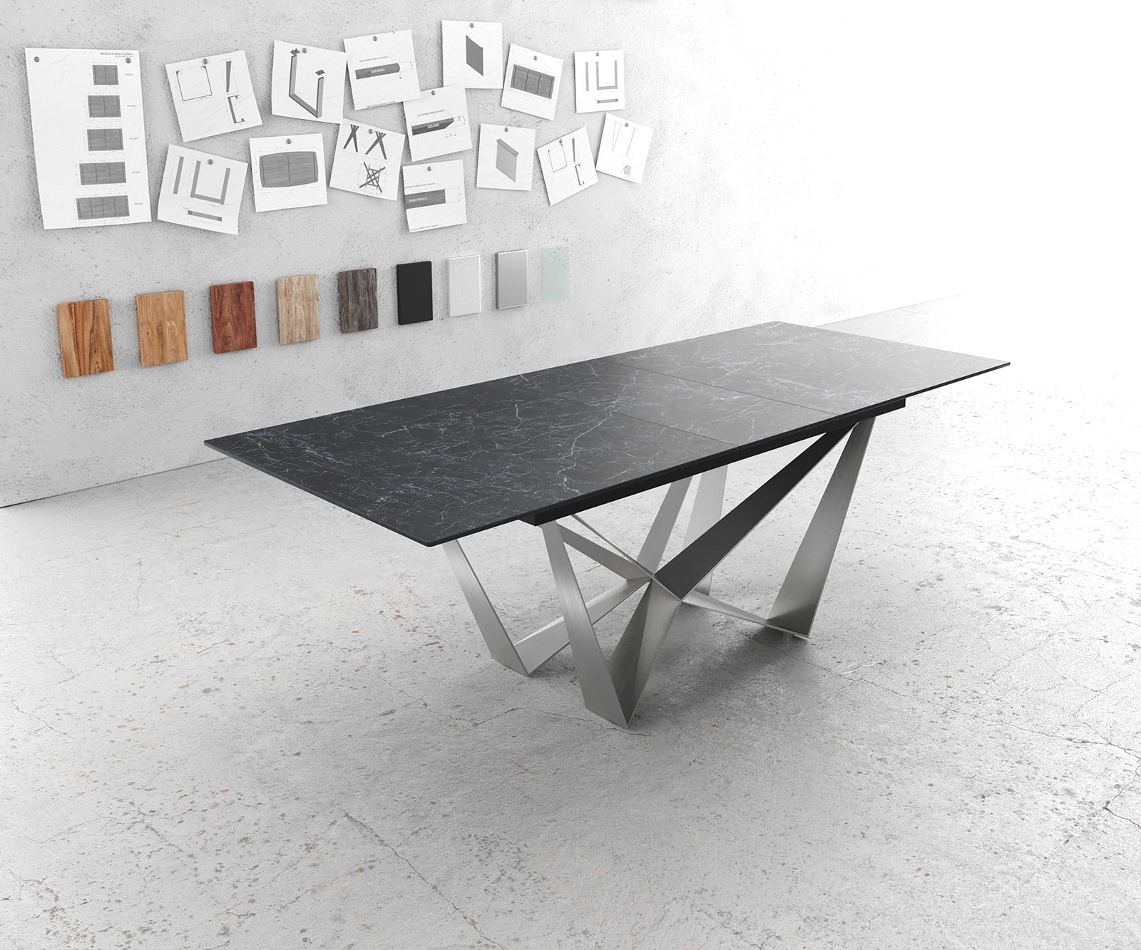 DELIFE Esstisch Edge 180-220x90cm Keramik LaminamNero Greco Anthrazit Mittelfuß Flachstahl Silber ausziehbar