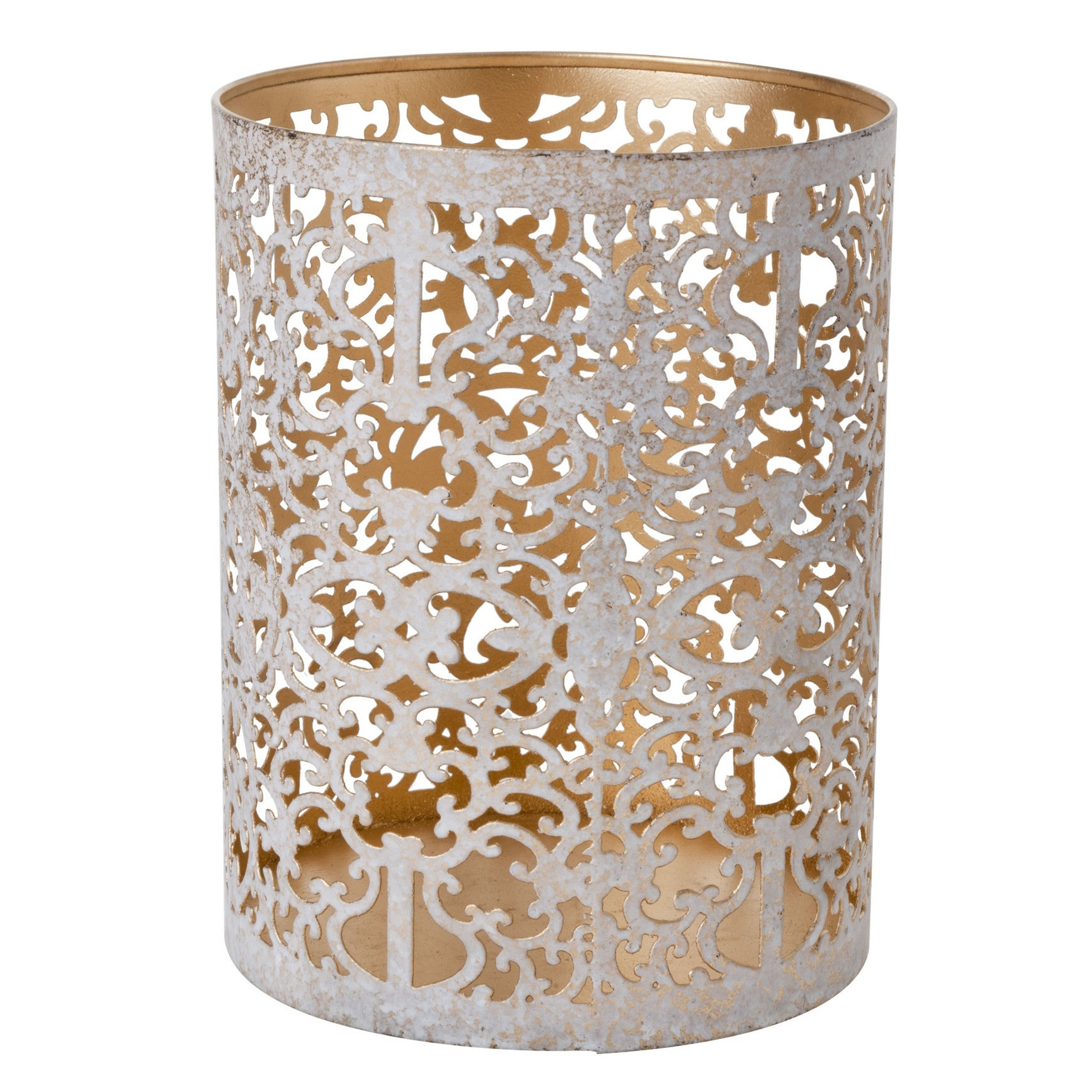 Cosy & Trendy Waxinelichthouder - wit/goud - antiek look - 13 cm - Windlichtjes/kaarsenhouders -