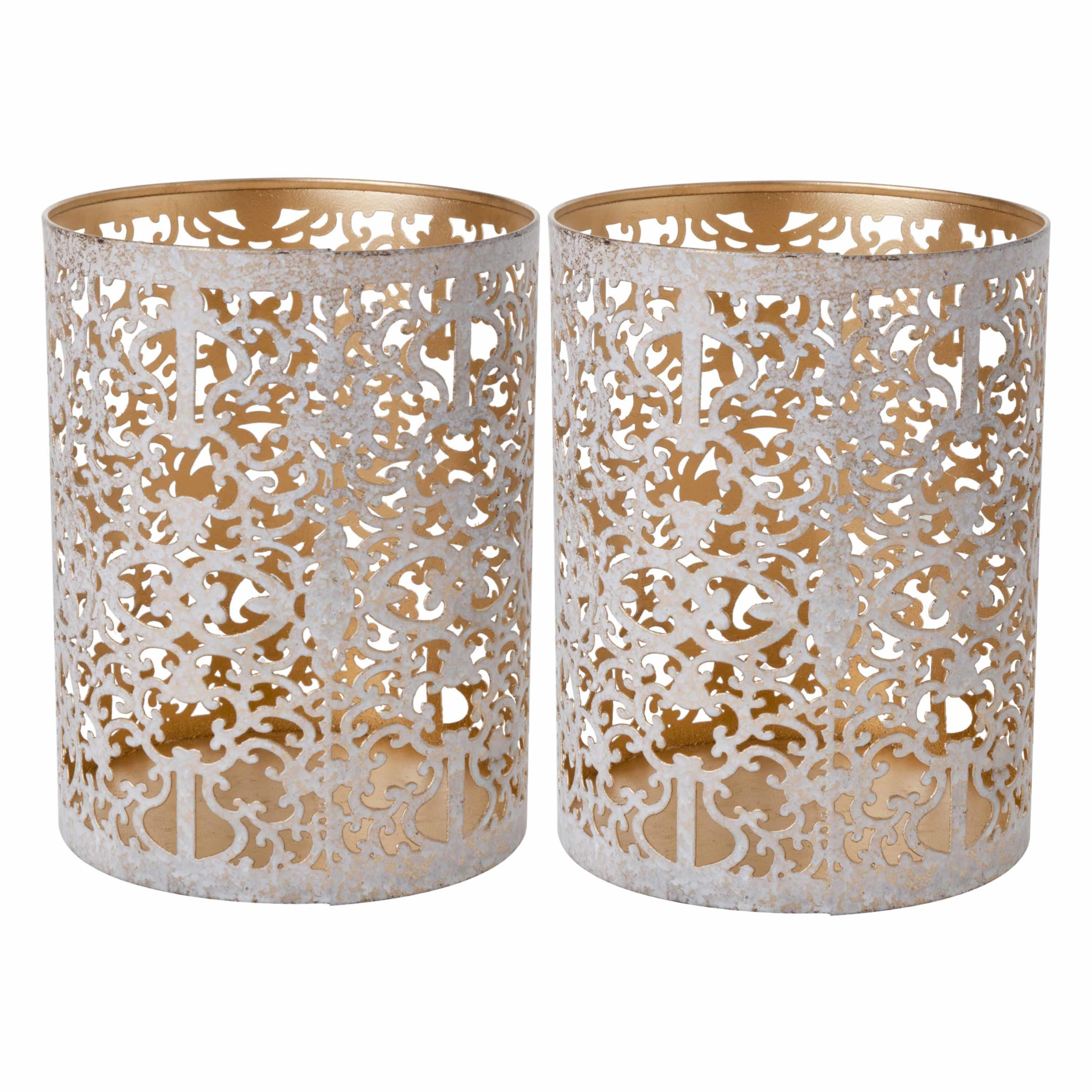 Cosy & Trendy kaarsenhouder Waxinelichtjes - 2x - wit goud - antiek look sfeer - H13 cm -