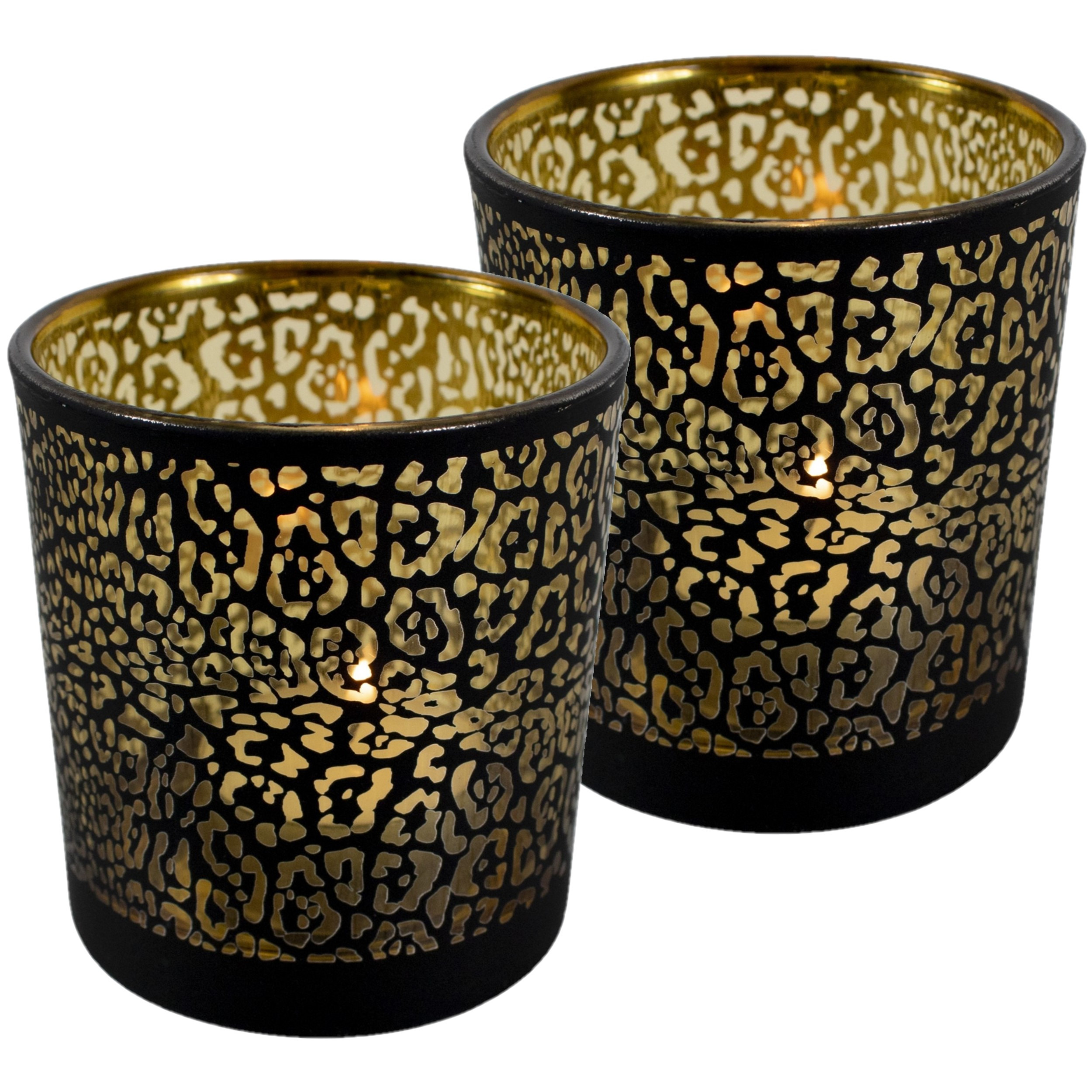 Mars & More Theelichthouder - Set van 3x stuks - mat zwart - 18 cm - jaguar print - glas - waxinelichthouder -