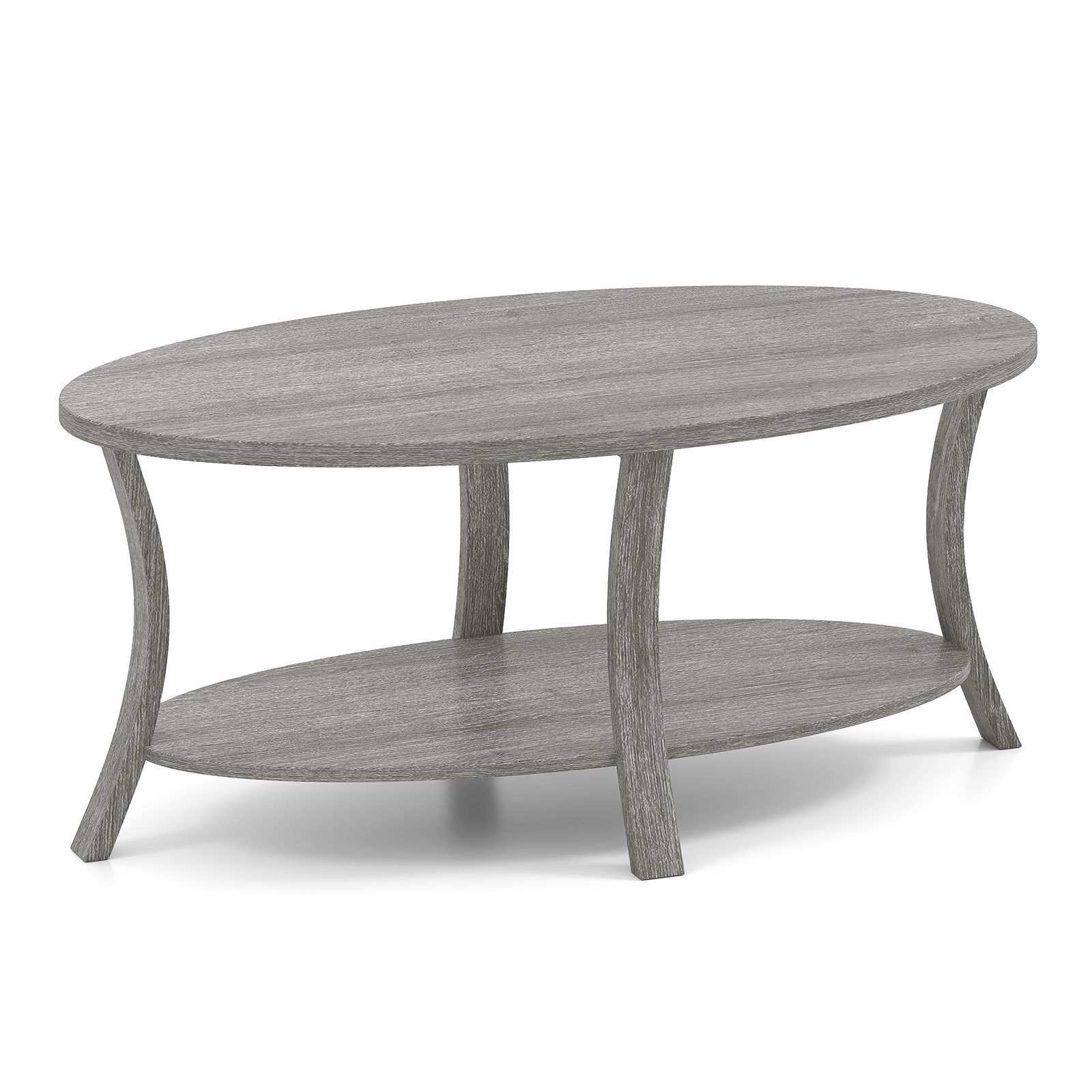 Costway Ovale Salontafel met Opbergruimte Woonkamer Tafel 2-laags Bijzettafel Salontafel Koffietafel Grijs