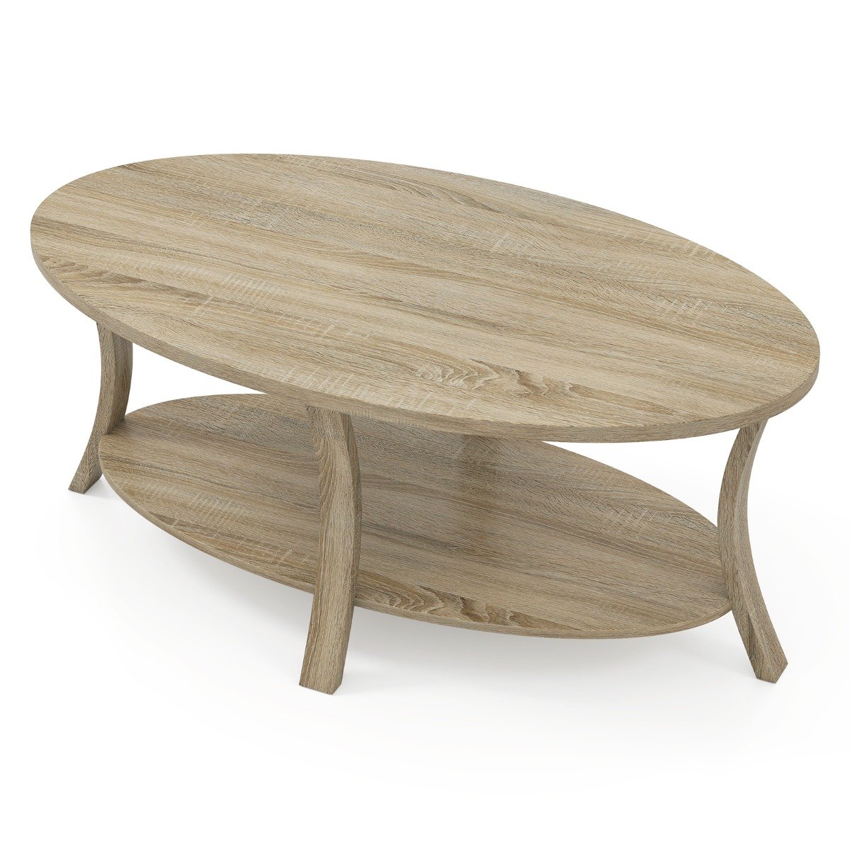 Costway Ovale Salontafel met Opbergruimte Woonkamer Tafel 2-laags Bijzettafel Salontafel Koffietafel Eikenhout