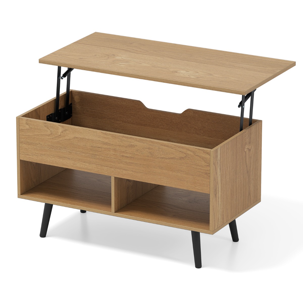 Costway Verstelbare Salontafel met Opklapbaar Tafelblad en 2 Open Planken Salontafel Natuur