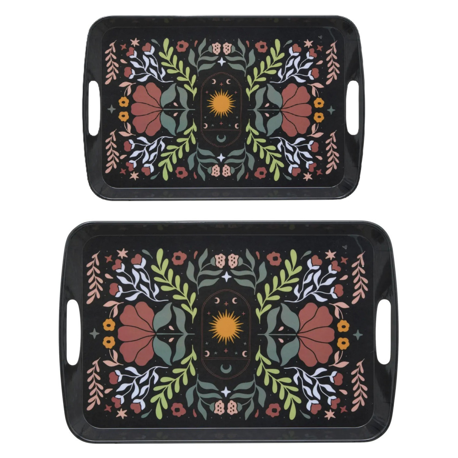 5five Design dienbladen van melamine - 2x stuks - in 2 maten - flowers print zwart -