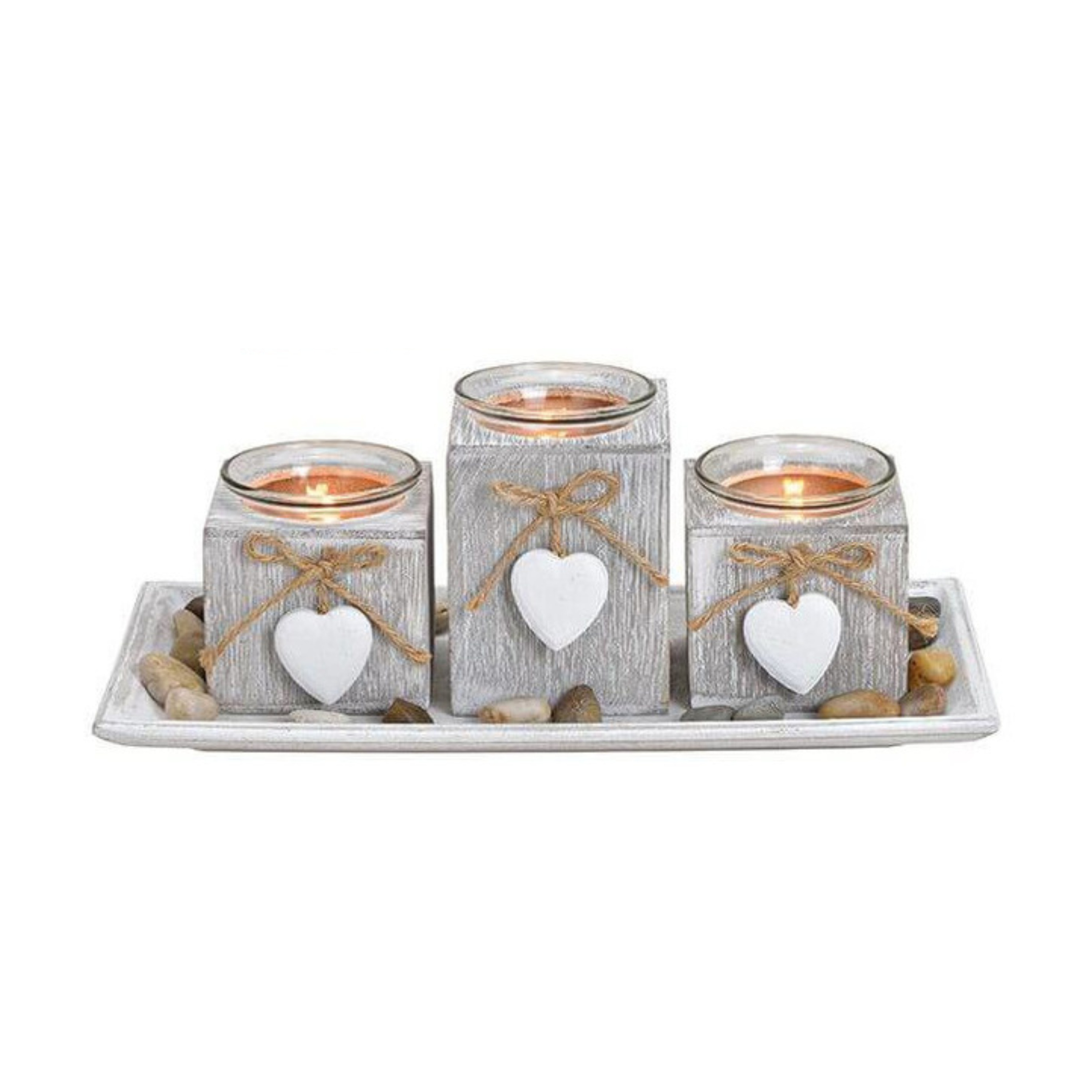 Merkloos Theelichthouders cadeauset - landelijk - hout - grijs - 28 x 13 x 10 cm -