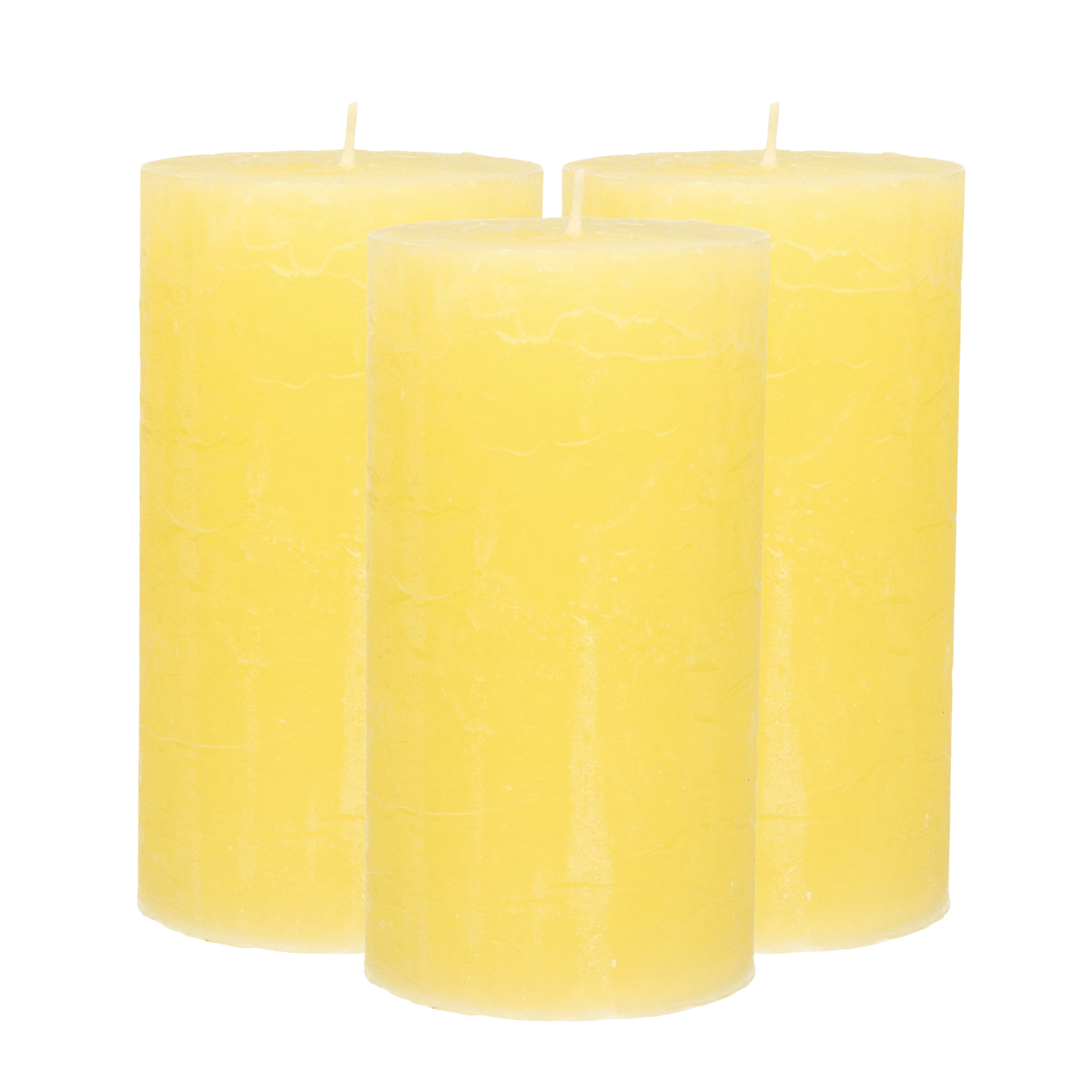 Atmosphera Stompkaars - 3x - geel - 7 x 13 cm - rustiek model - cilinderkaars - kaars -