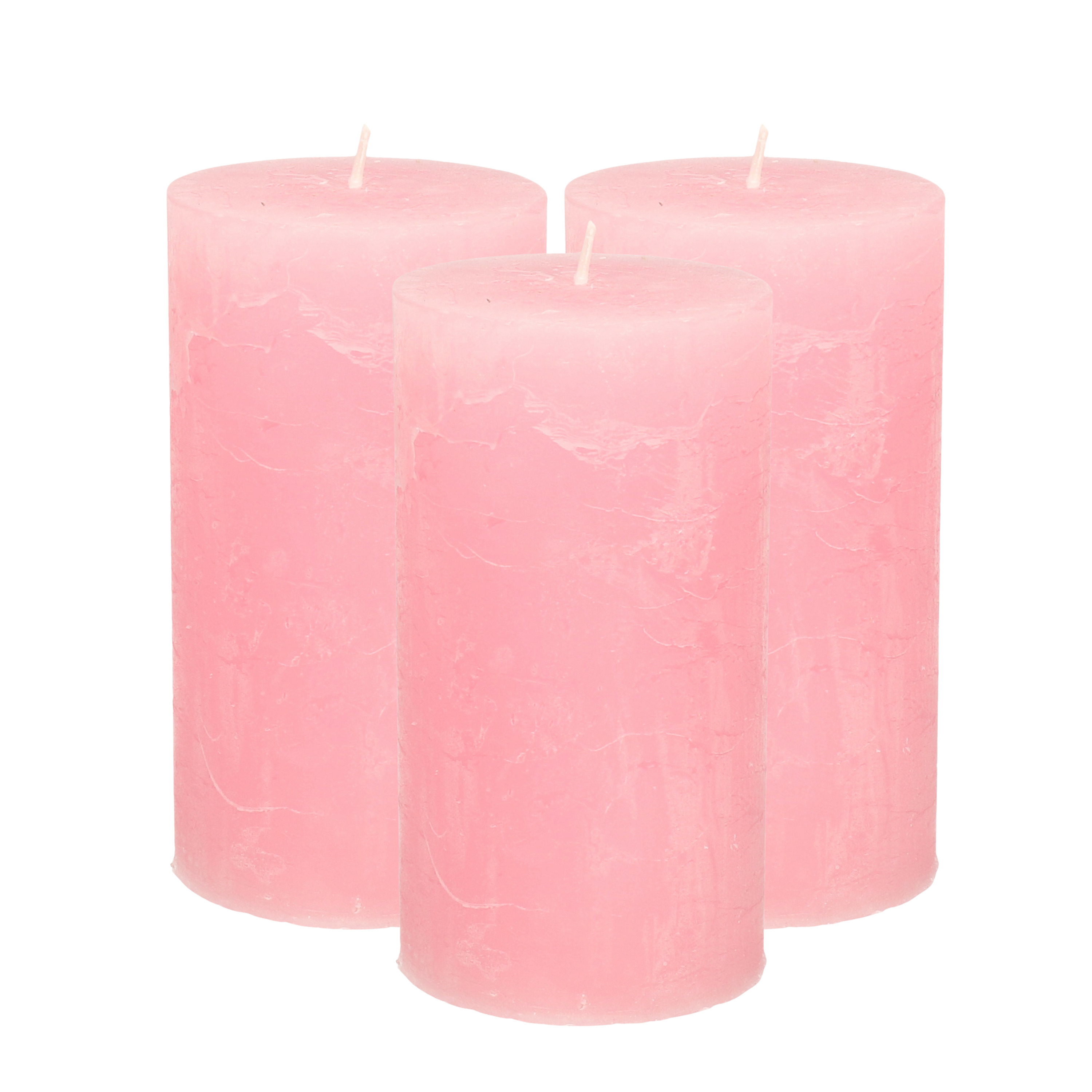 Atmosphera Stompkaars - 3x - roze - 7 x 13 cm - rustiek model - cilinderkaars - kaars -
