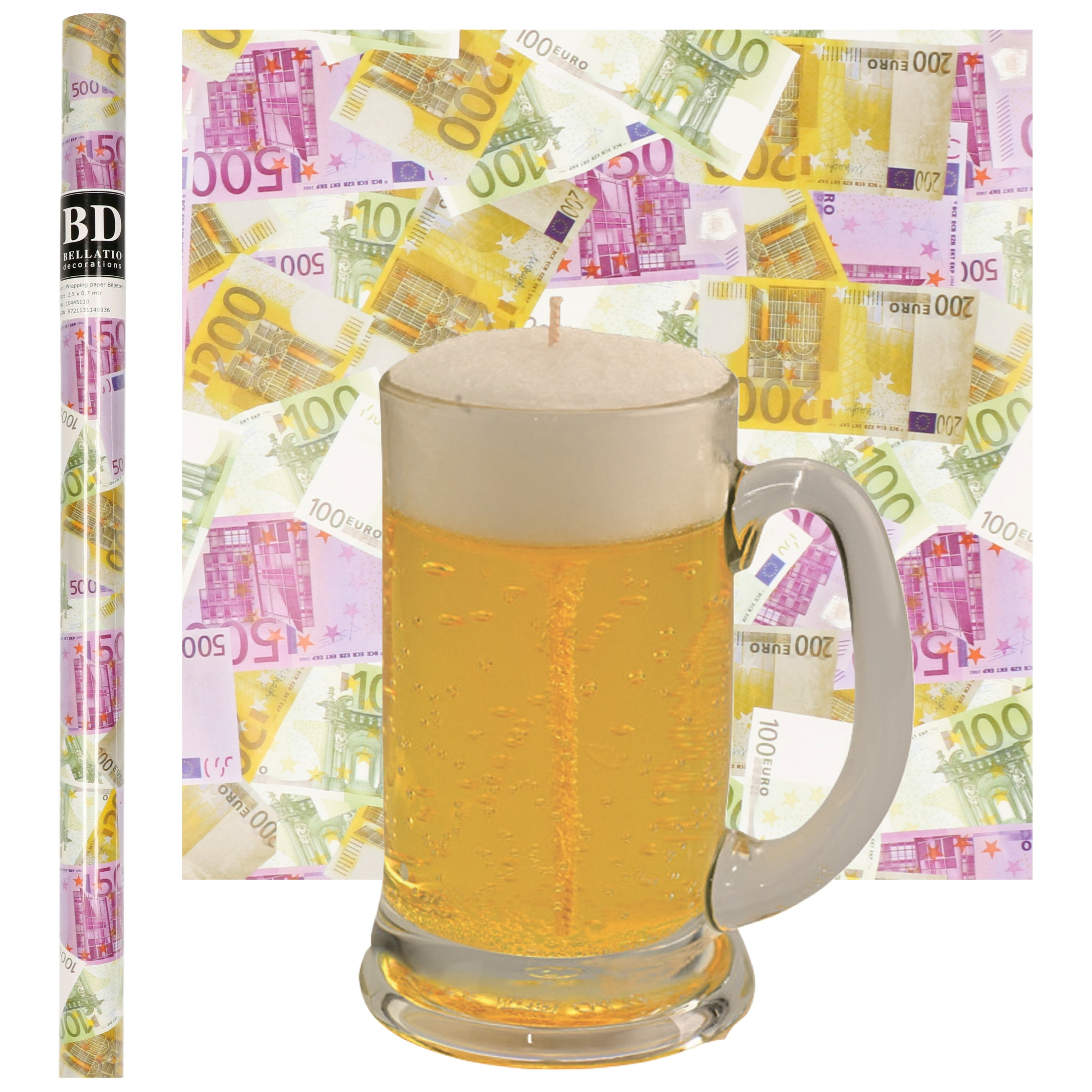 Merkloos Bierpul Kaars - H13 cm met Euro Geld Cadeaupapier - vaderdag - opa - oom cadea -