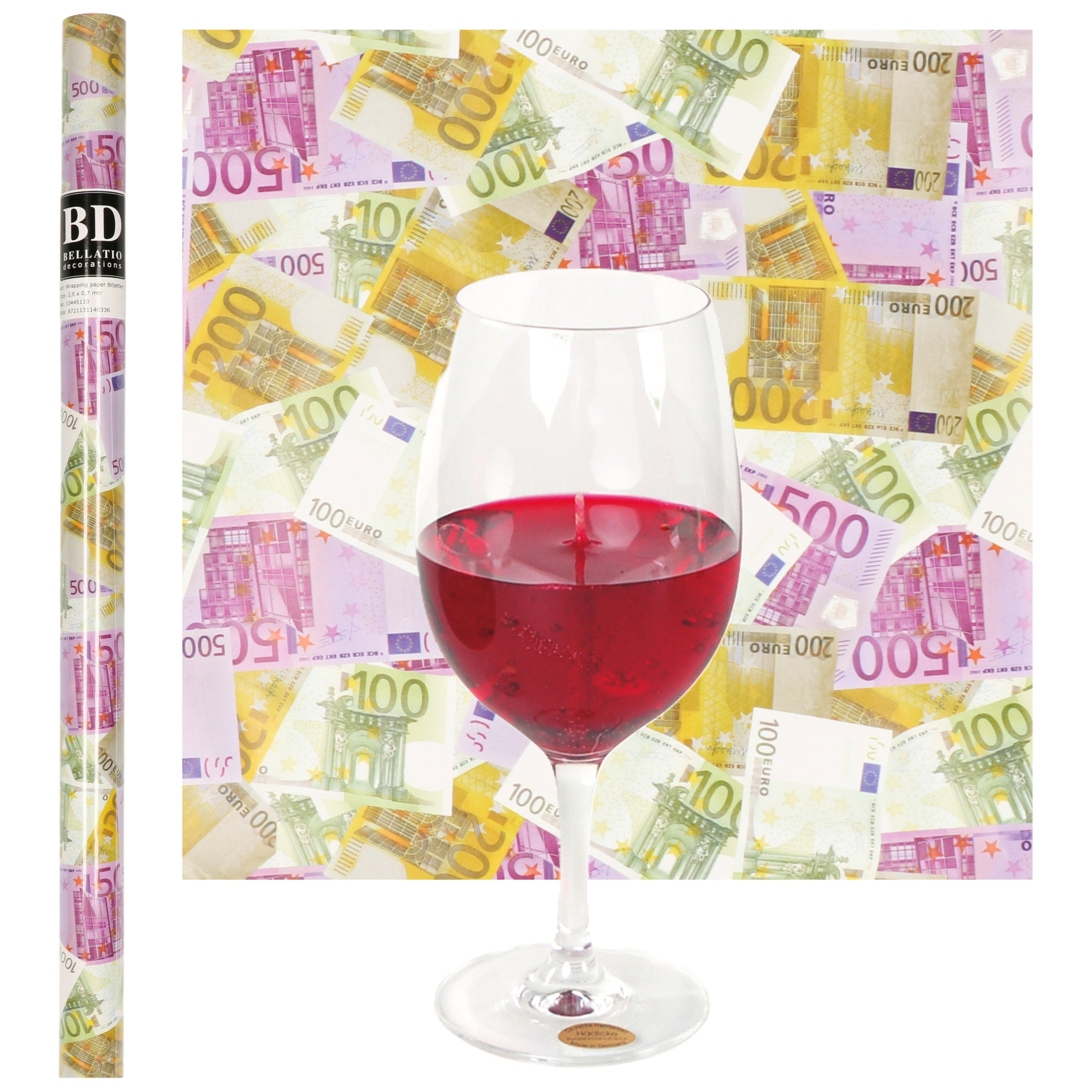 Merkloos Wijnglas Kaars - Rode Wijn - Geur - 13 cm - incl. Euro Geld Cadeaupapier - moederdag cadeau -