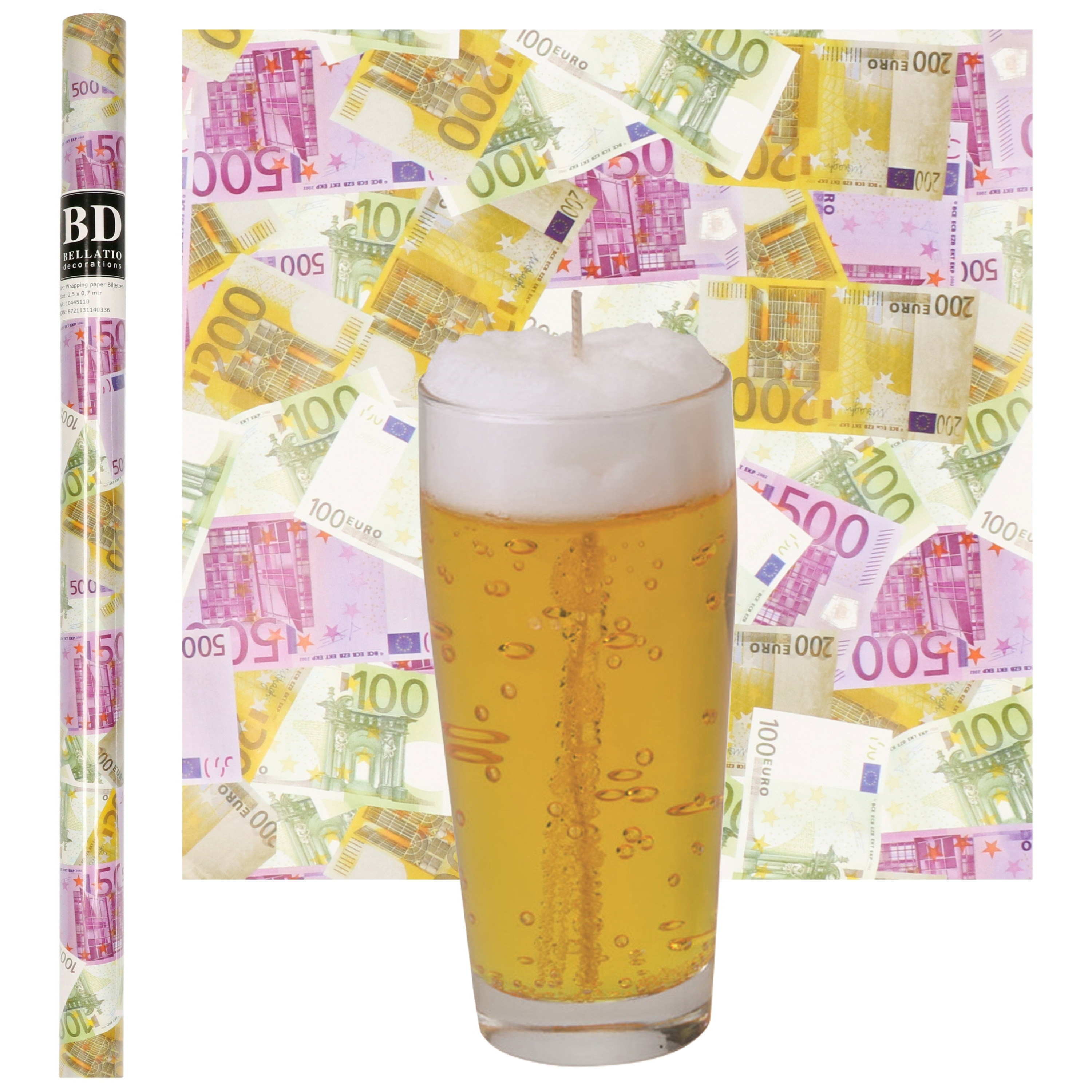 Merkloos Bier Fluitje Kaars - H13 cm met Euro Geld Cadeaupapier - vaderdag - opa - oom -