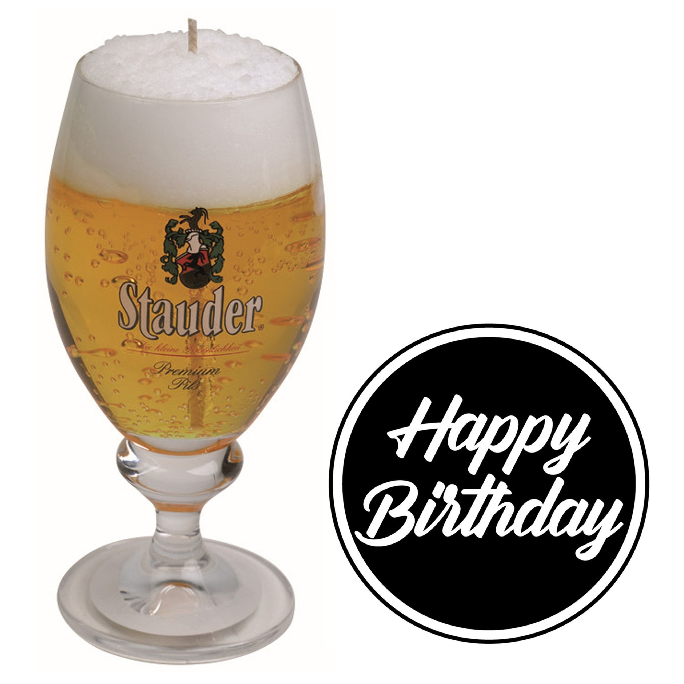 Merkloos Bier kaars - Duits Stauder bier - H15 cm - inclusief 10x st bierviltjes - Happy Birthday - vaderdag -