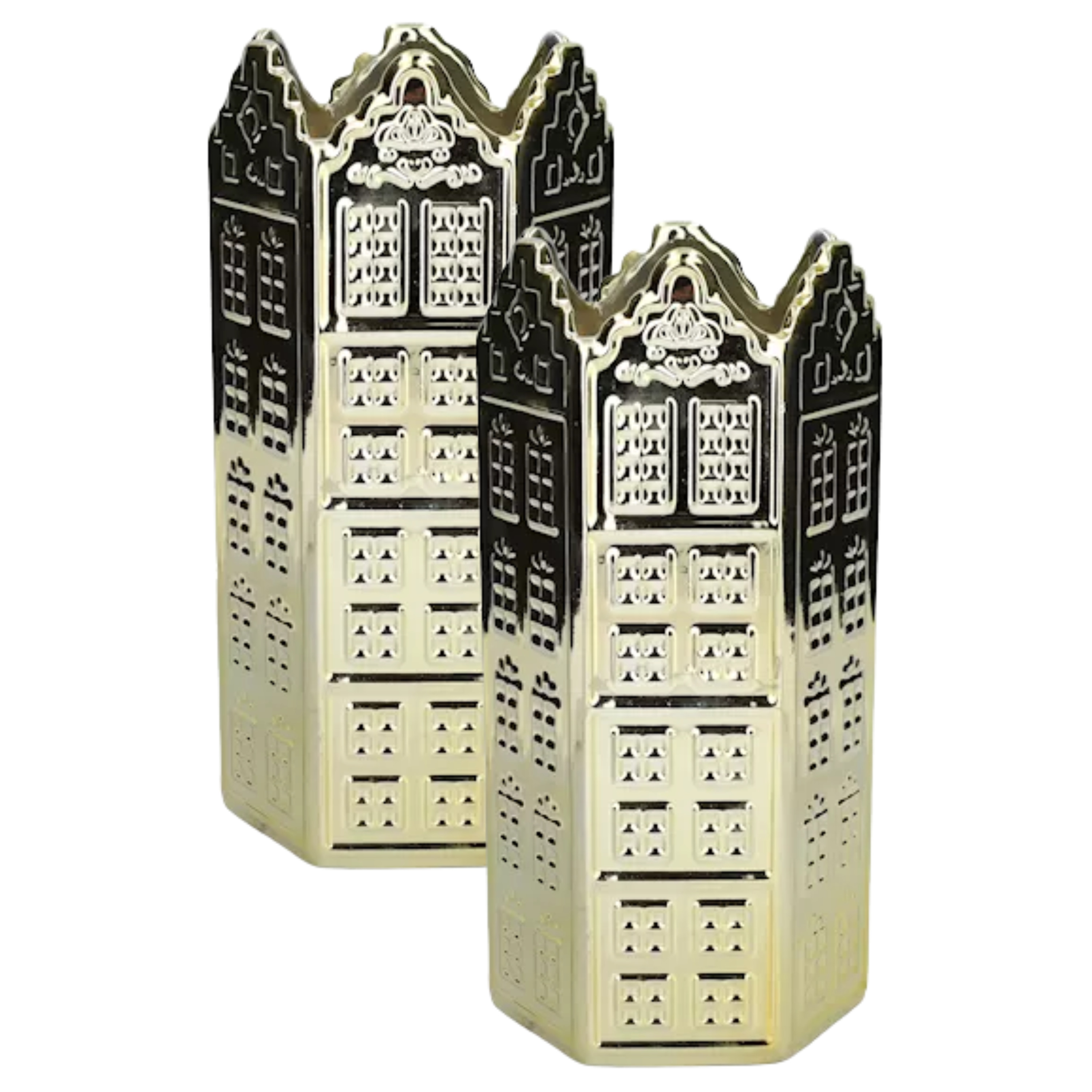 Merkloos Bloemenvaas Casita - 2x - huisje - goud - D12 x H25 cm - decoratieve vaas - bloemen/takken -