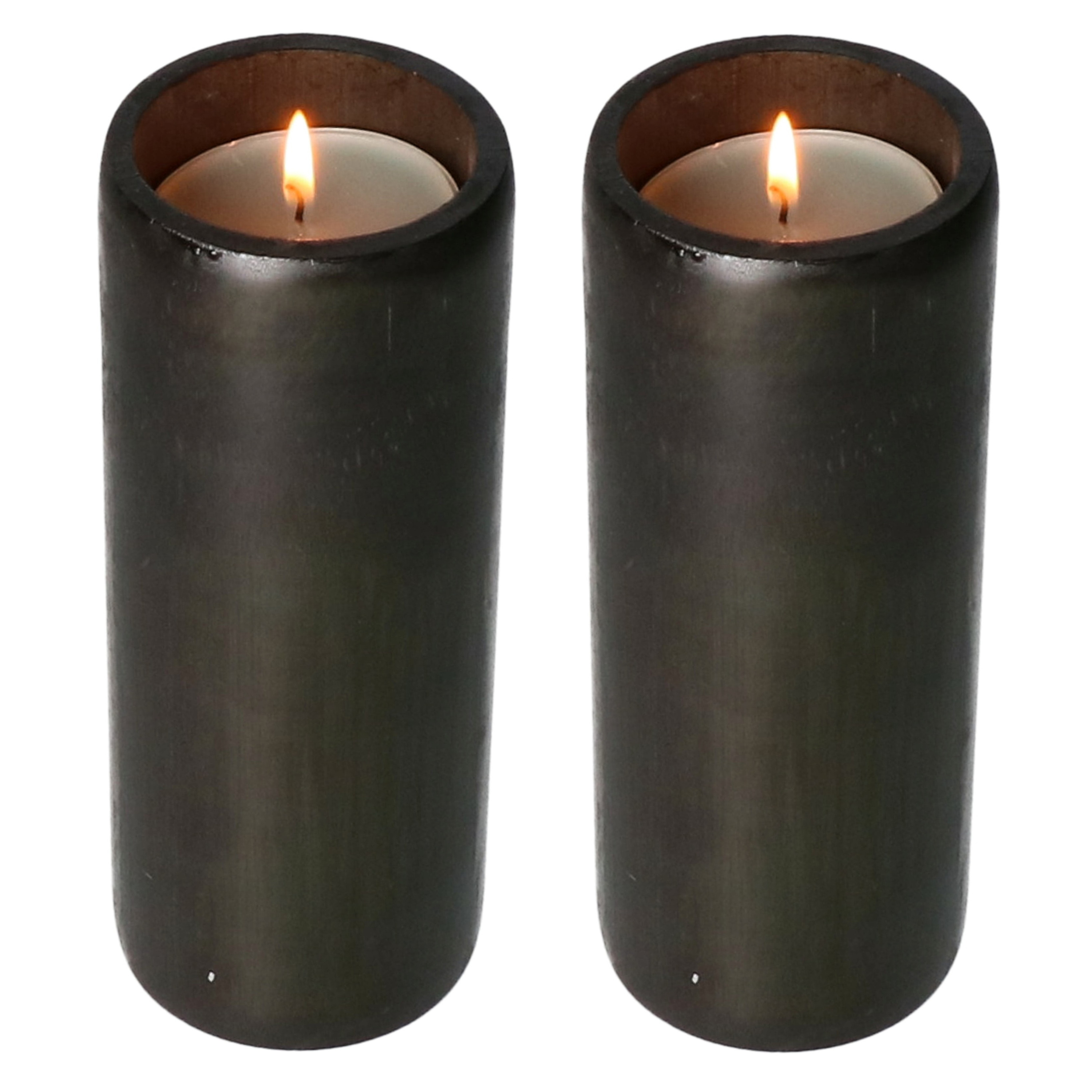 Lesli Living Kaarsenhouders/waxinelichtjes houders - 2x - bamboe - zwart - H20 cm - hoge buis -