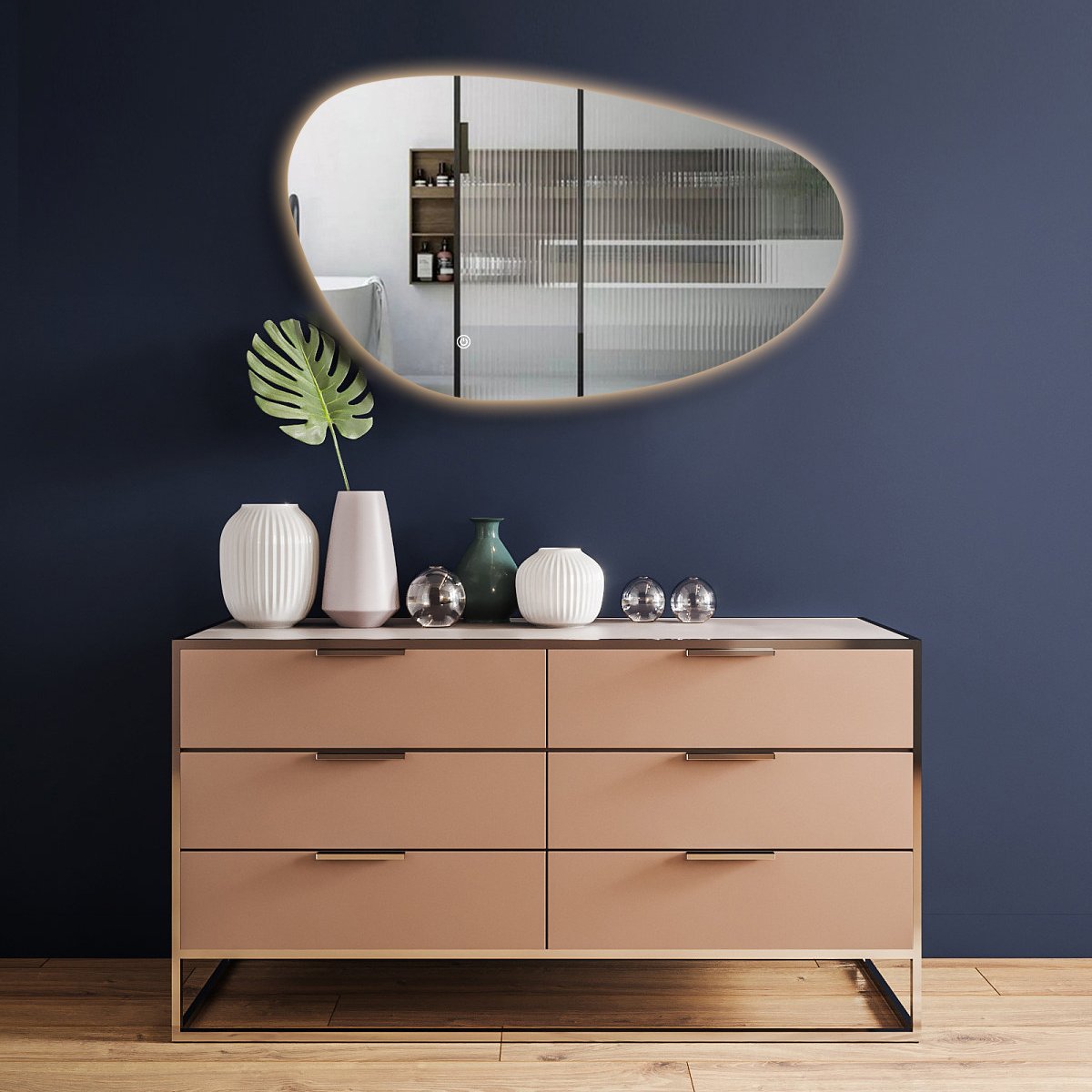 BES LED Badkamerspiegel met LED Verlichting en Verwarming 60cm - Afimera Nova - Randloos - Wandspiegel Organische Vorm - Touch Bediening - Dimbaar - Aanpasbare Lichtkleur