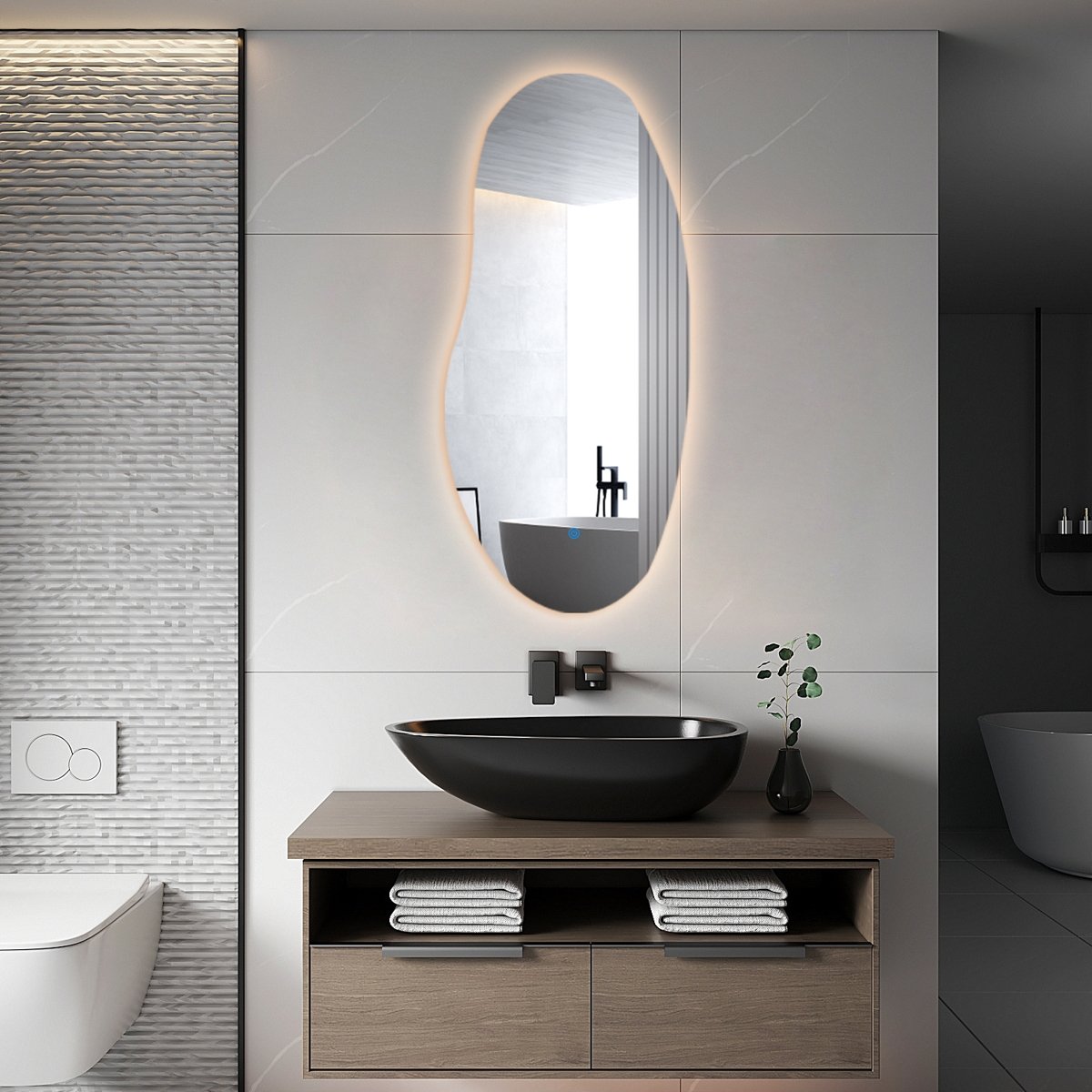 BES LED Badkamerspiegel met LED Verlichting en Verwarming 45x100cm - Afimera Aura - Randloos - Wandspiegel Organische Vorm - Touch Bediening - Dimbaar - Aanpasbare Lichtkleur