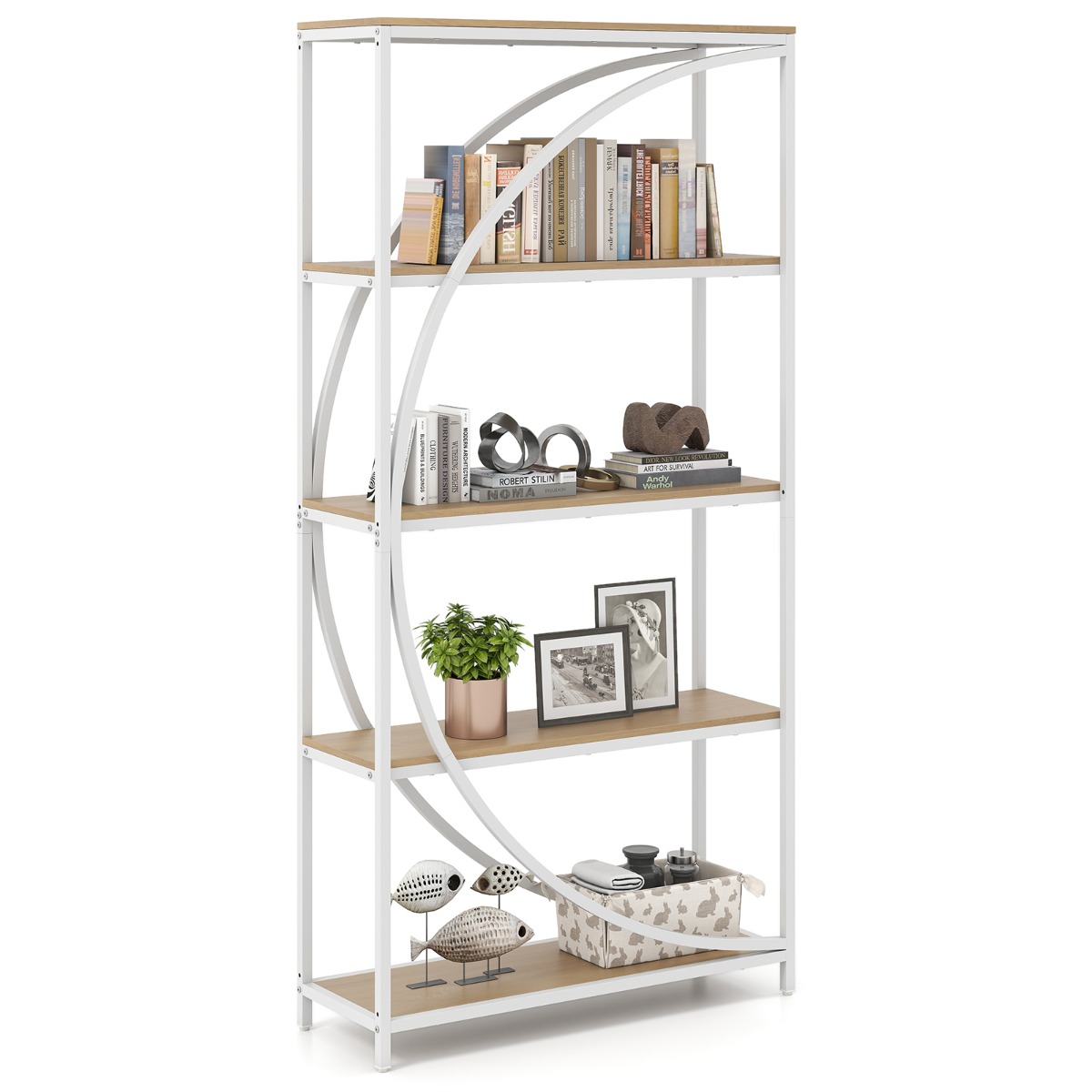 Costway 5-laags Rek Industriële Kantoorrekken met Open Planken Verhoogde Rekken met Gebogen Ontwerp Metalen Frame Staande Rekken