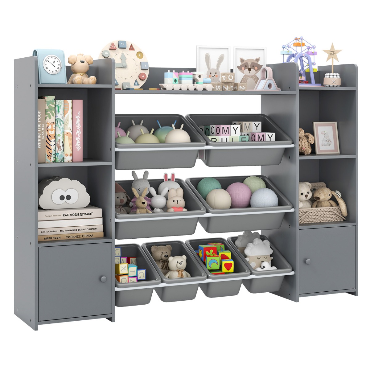 Costway 142 cm hoge Speelgoedkast met 4 Lagen Kinderrek met 8 Verwijderbare Bakken en Boekenplank