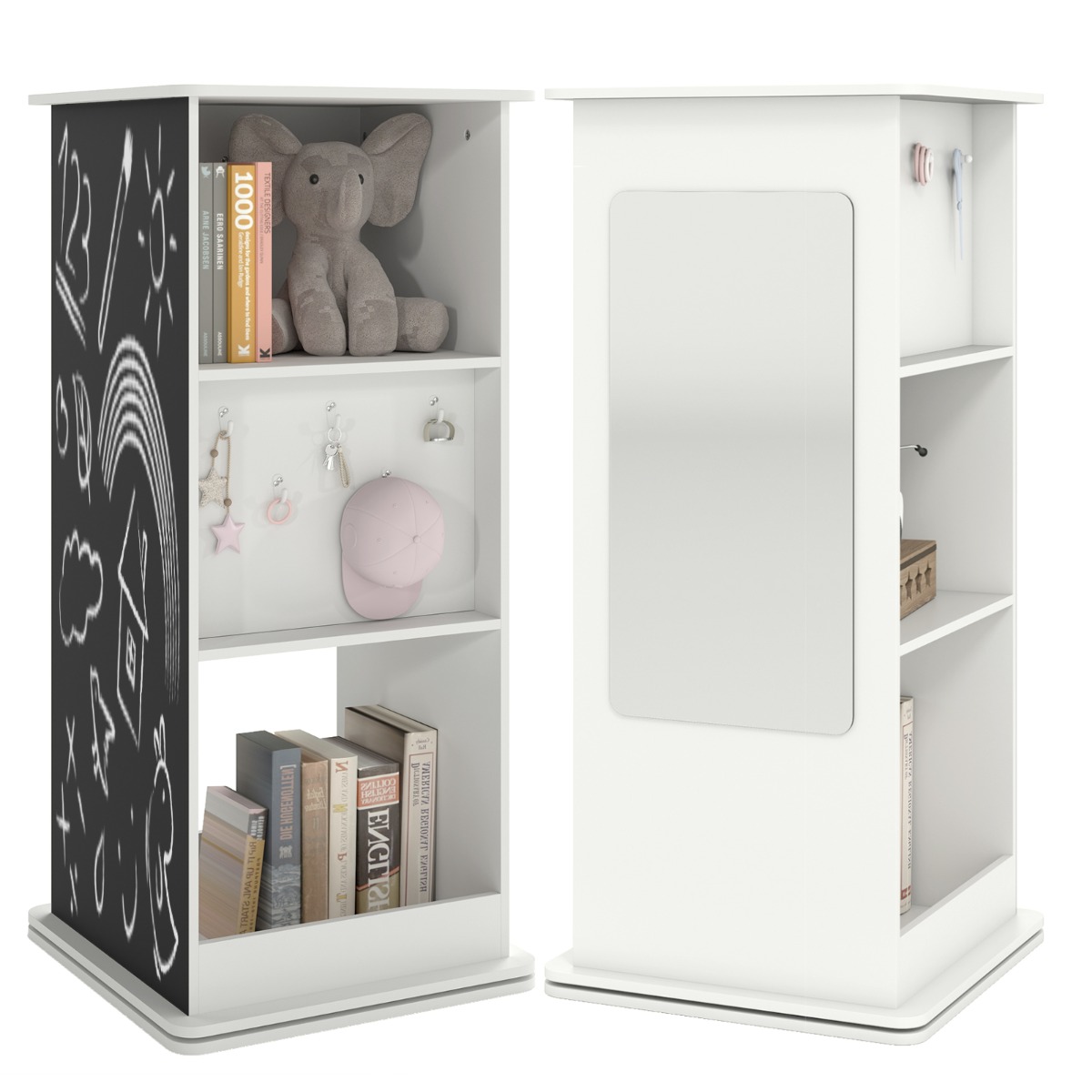 Costway Kinderboekenkast Houten 360° Draaibare Hoekunit met Schoolbord Spiegel Haken en open Planken