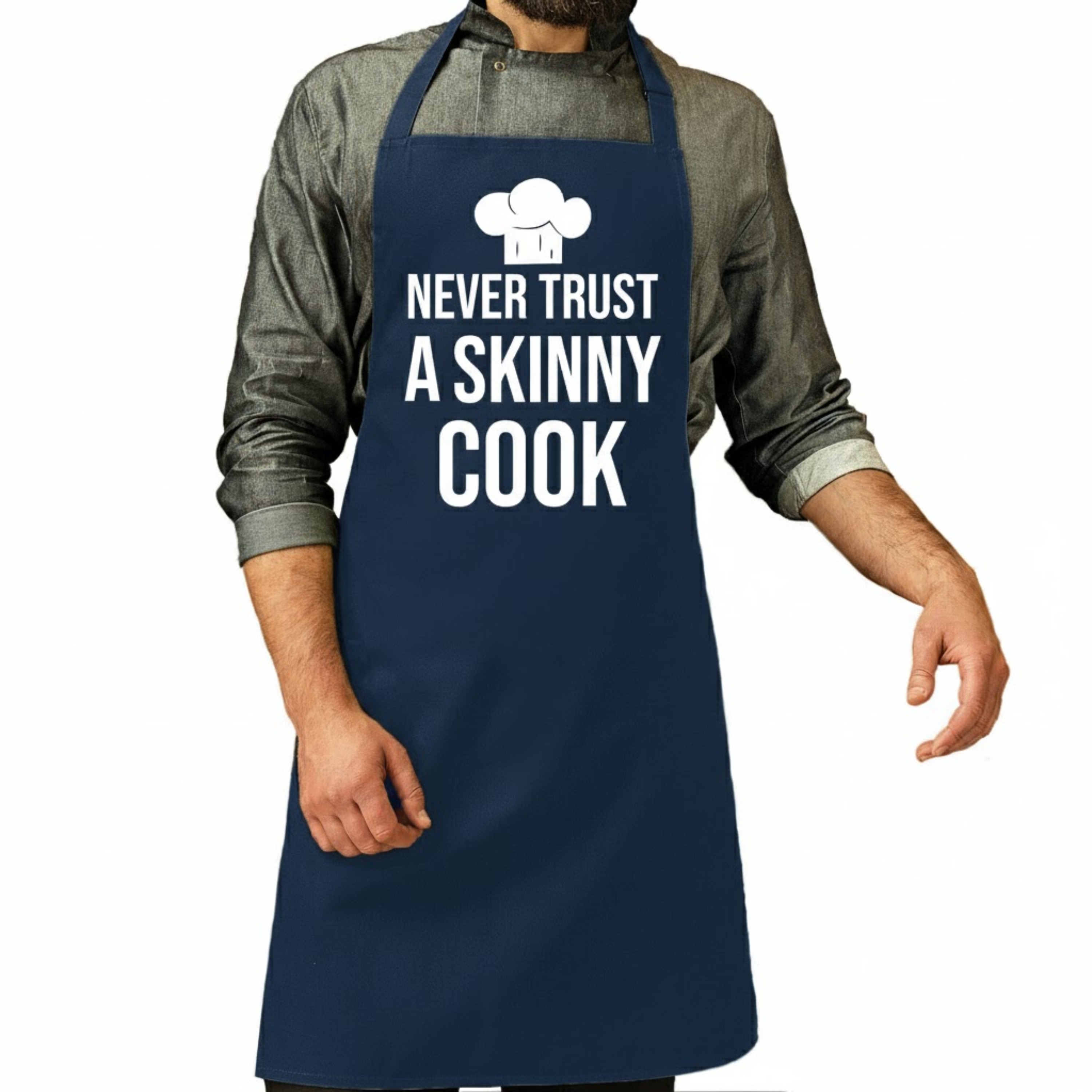 Bellatio Decorations Keuken en BBQ schort - blauw - never trust a skinny cook - koksmuts - verjaardag - Vader / Moederdag -