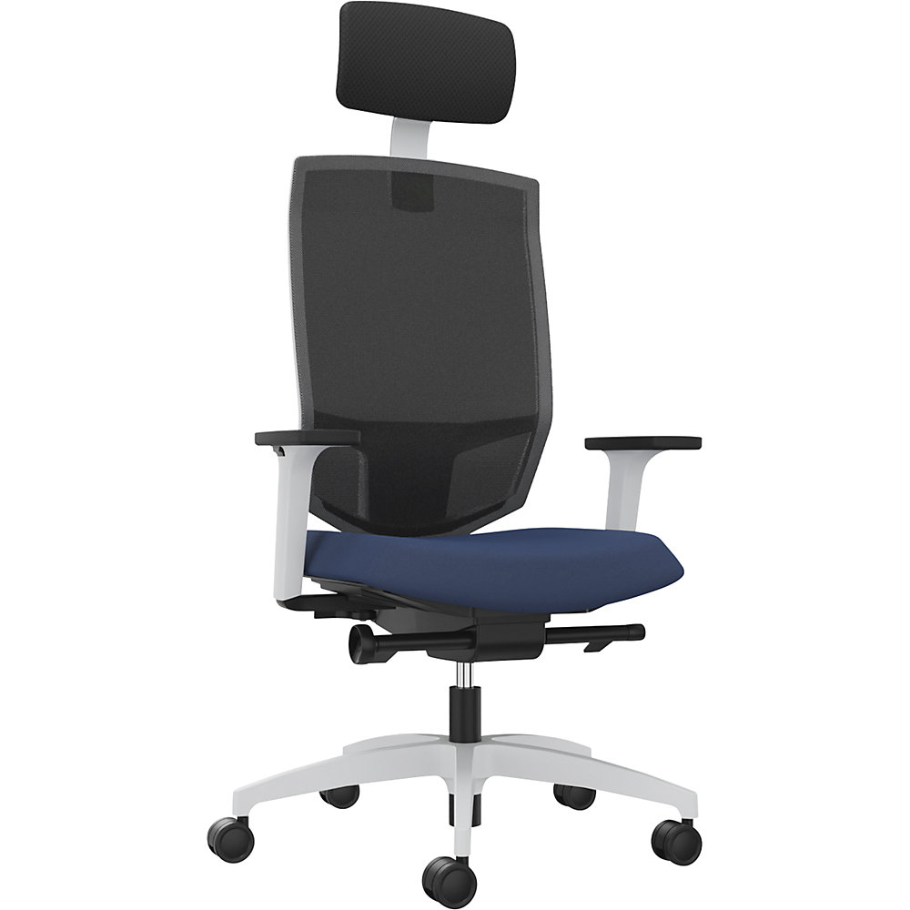 Dauphin Bureaudraaistoel JUST EVO MESH, met netrugleuning, wit, nachtblauw, met hoofdsteun