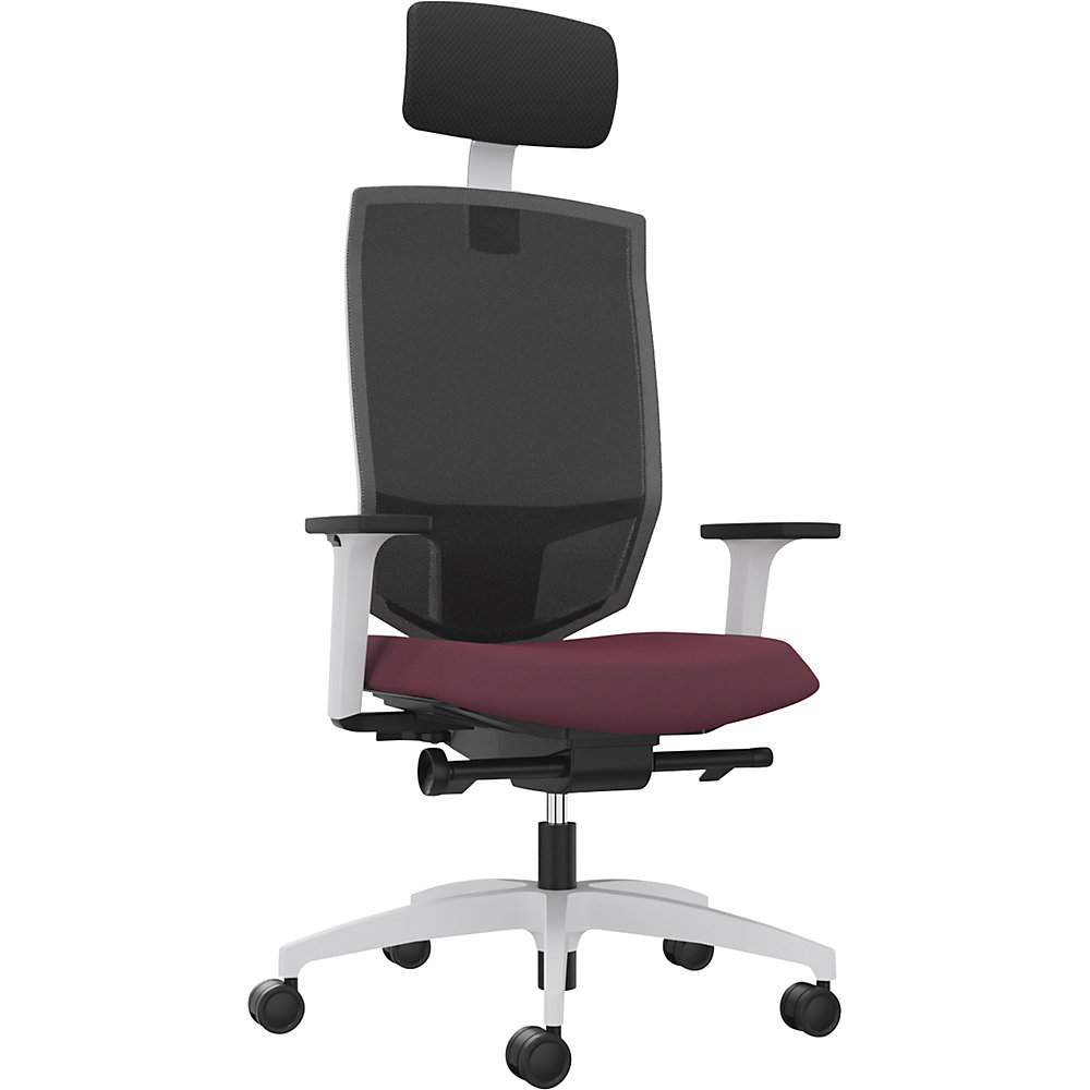 Dauphin Bureaudraaistoel JUST EVO MESH, met netrugleuning, wit, shirazrood, met hoofdsteun