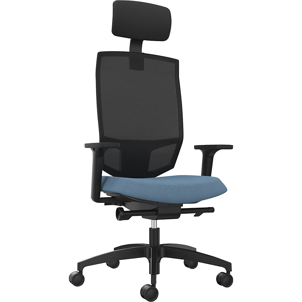 Dauphin Bureaudraaistoel JUST EVO MESH, met netrugleuning, zwart, waterblauw, met hoofdsteun