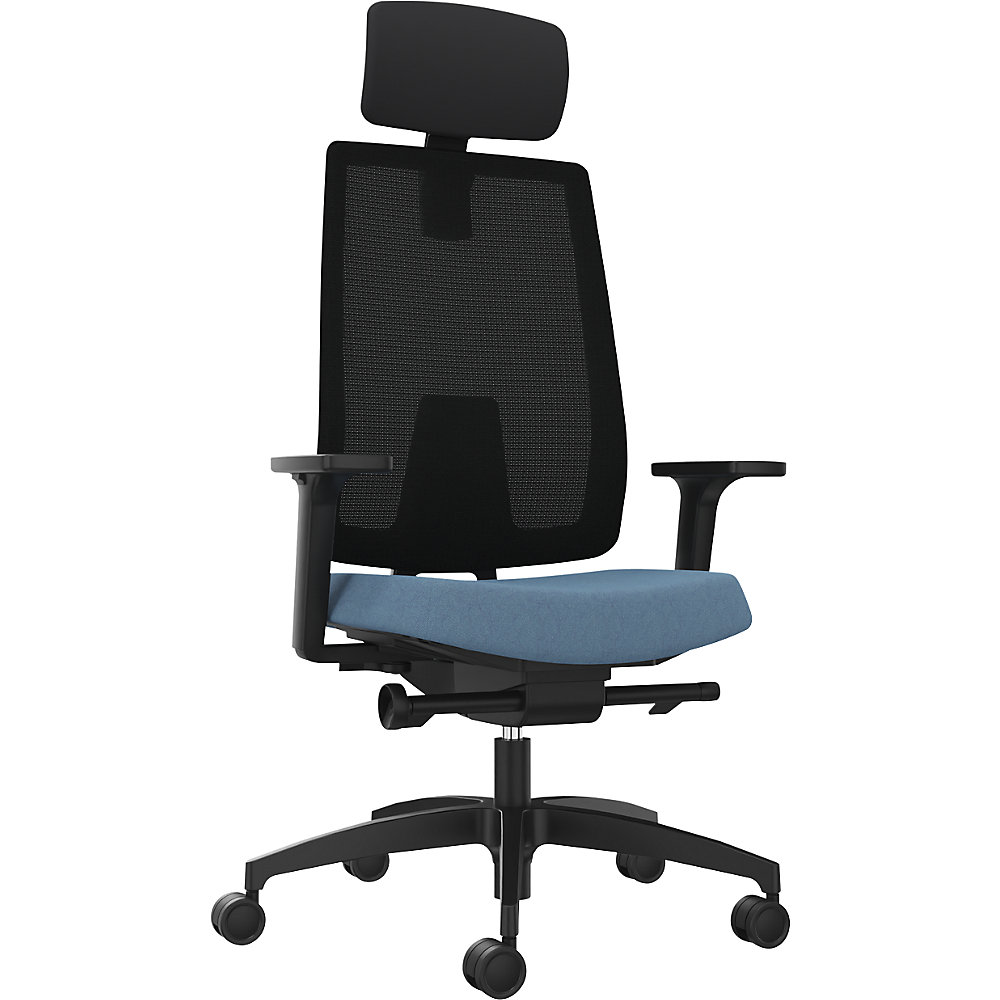 Dauphin Bureaudraaistoel INDEED, met instelbare tegendruk, hoofdsteun, netrugleuning waterblauw