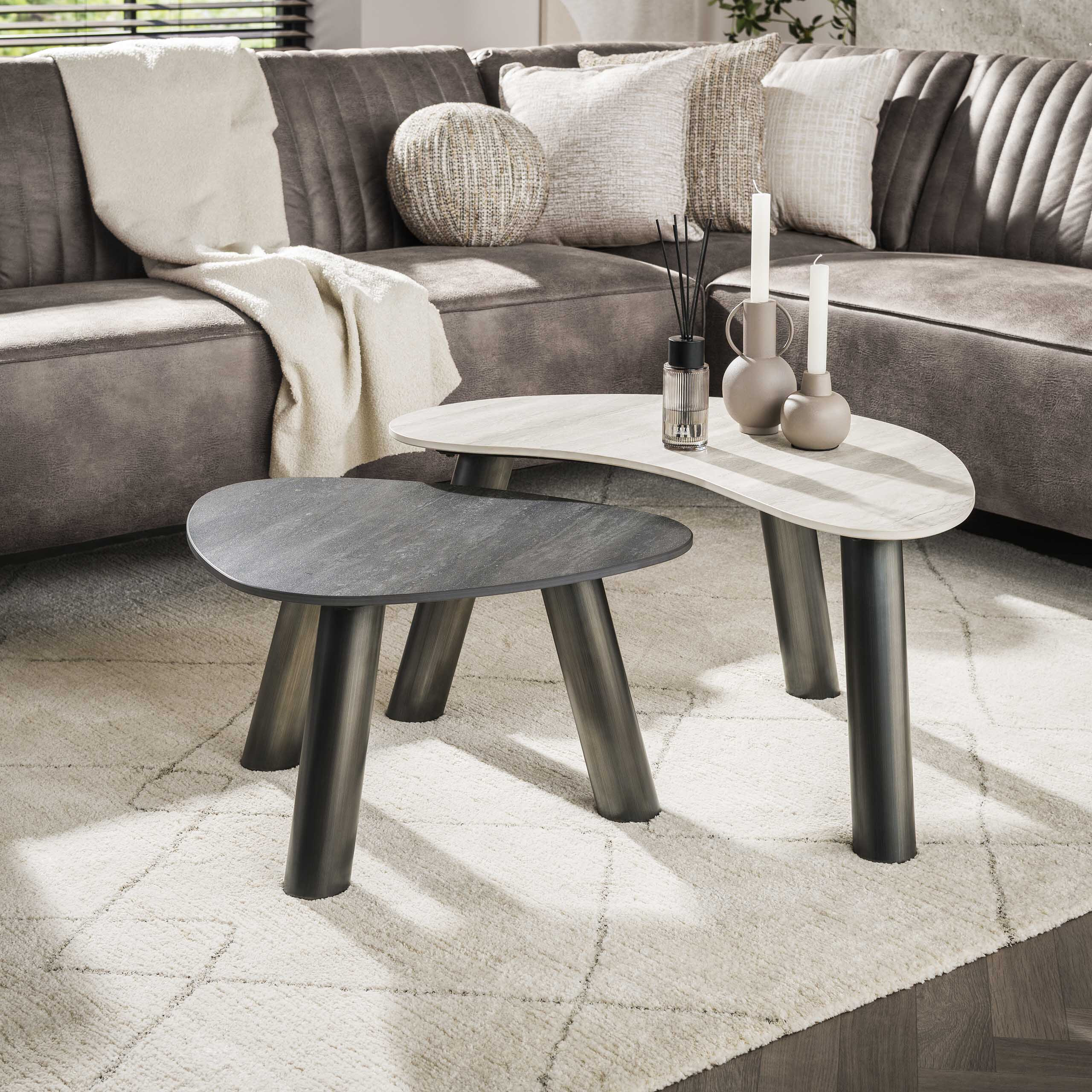 LifestyleFurn Organische Salontafel Dallen Keramiek met travertinlook, Set van 2 stuks - Grijs