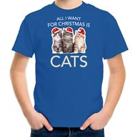 Bellatio Kitten Kerst t-shirt / outfit All i want for Christmas is cats blauw voor kinderen