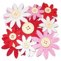 Hobby vilt 12 rood/wit/roze vilten bloemen met knoop 3,5-7 c Multi