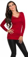 koucla Sexy  V-Cut sweater with rhinestones & lace Red